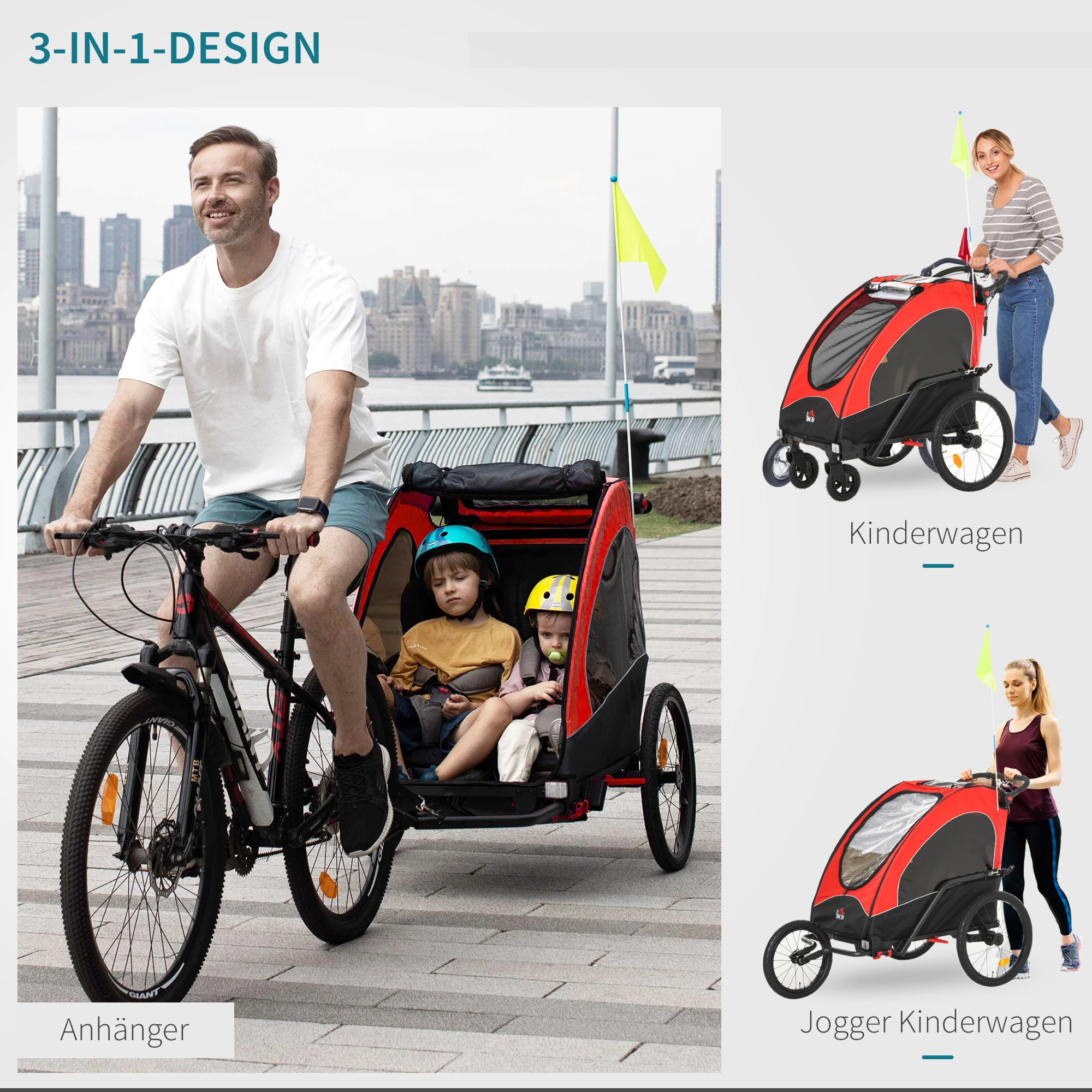 3 in 1 Kinderanhänger Aluminium Kinder Jogger Fahrradanhänger Radanhänger für 2 kinder mit Fahne Rot+Schwarz 150 x 85 x 107 cm