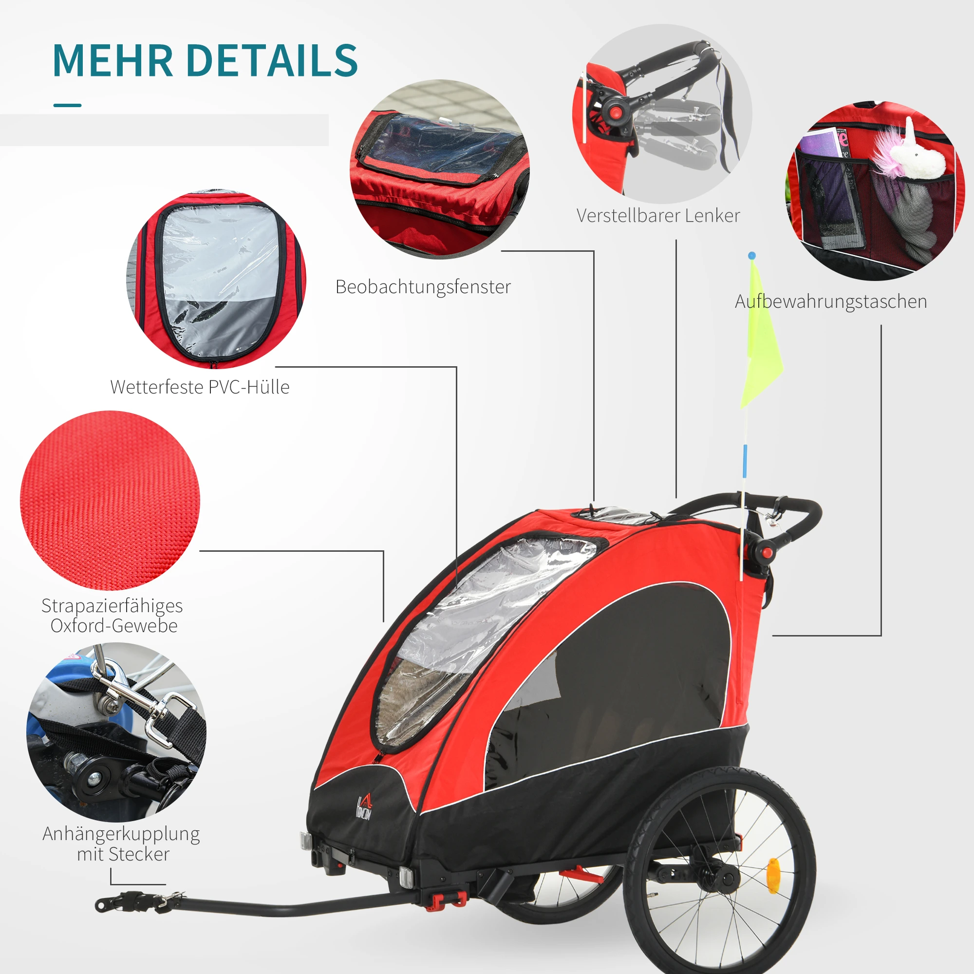 3 in 1 Kinderanhänger Aluminium Kinder Jogger Fahrradanhänger Radanhänger für 2 kinder mit Fahne Rot+Schwarz 150 x 85 x 107 cm