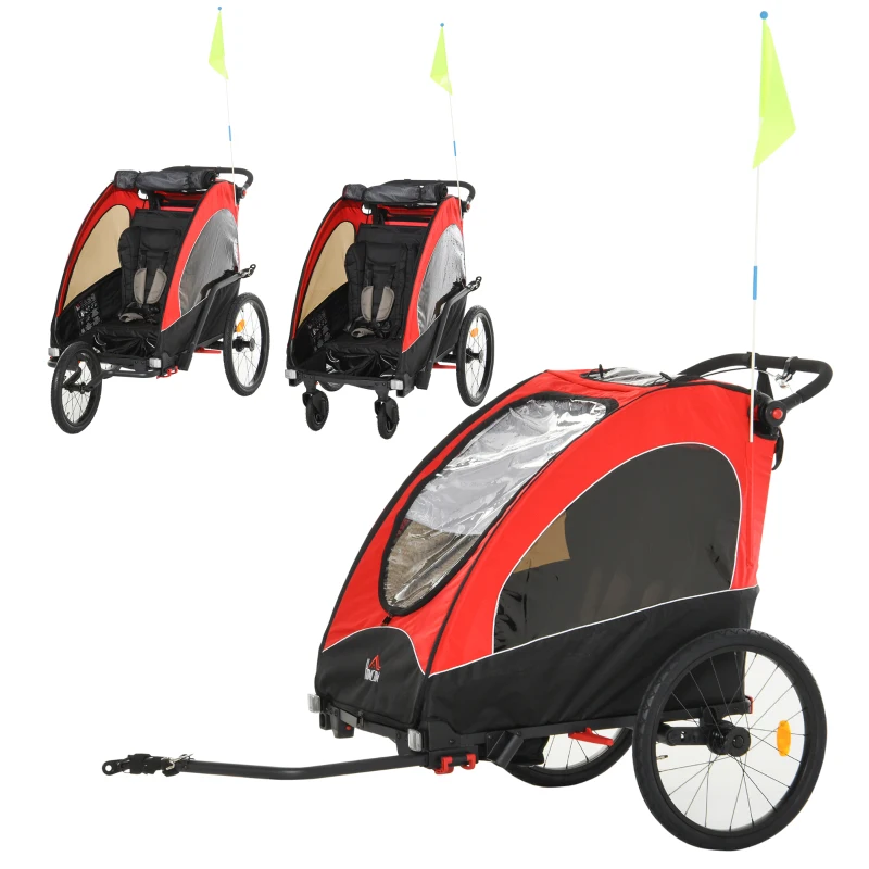 3 in 1 Kinderanhänger Aluminium Kinder Jogger Fahrradanhänger Radanhänger für 2 kinder mit Fahne Rot+Schwarz 150 x 85 x 107 cm
