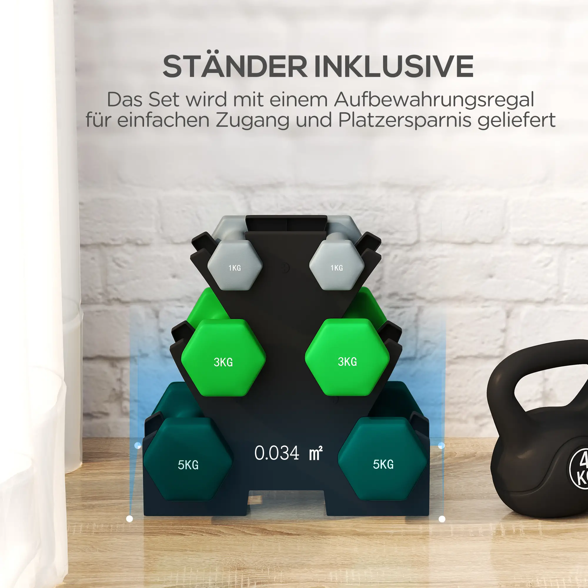 Hantelset mit Aufbewahrungsgestell, Set mit 6 Hanteln für Fitness-Training, 2 x 1kg, 2 x 3kg, 2 x 5kg