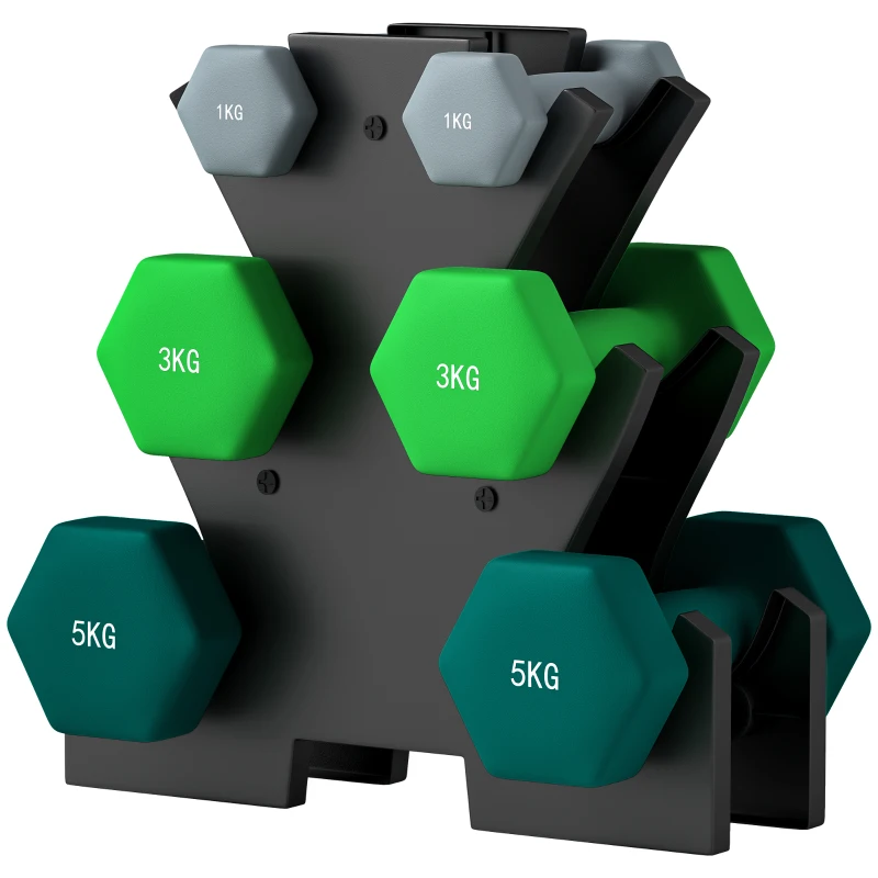 Hantelset mit Aufbewahrungsgestell, Set mit 6 Hanteln für Fitness-Training, 2 x 1kg, 2 x 3kg, 2 x 5kg