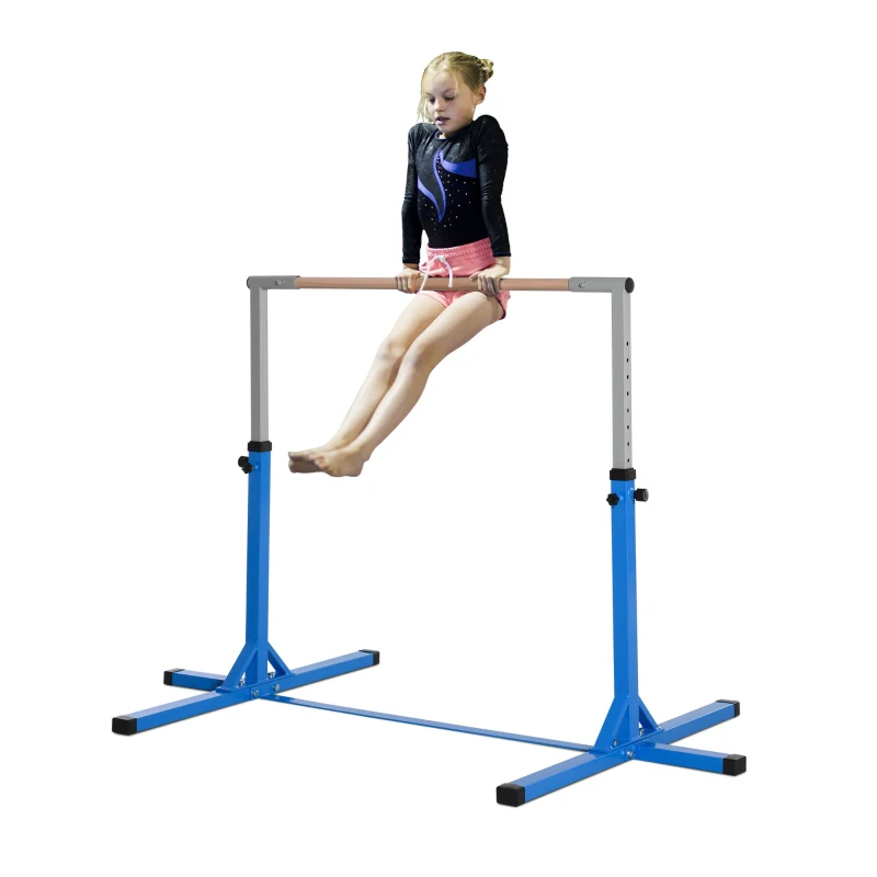 Gymnastik-Turnreck, 13-stufig höhenverstellbar Reckstange, Reck Turnstange aus Holz & stabile Stahlkonstruktion bis 75 kg belastbar, für 3+ Kinder, Indoor, Outdoor, Blau