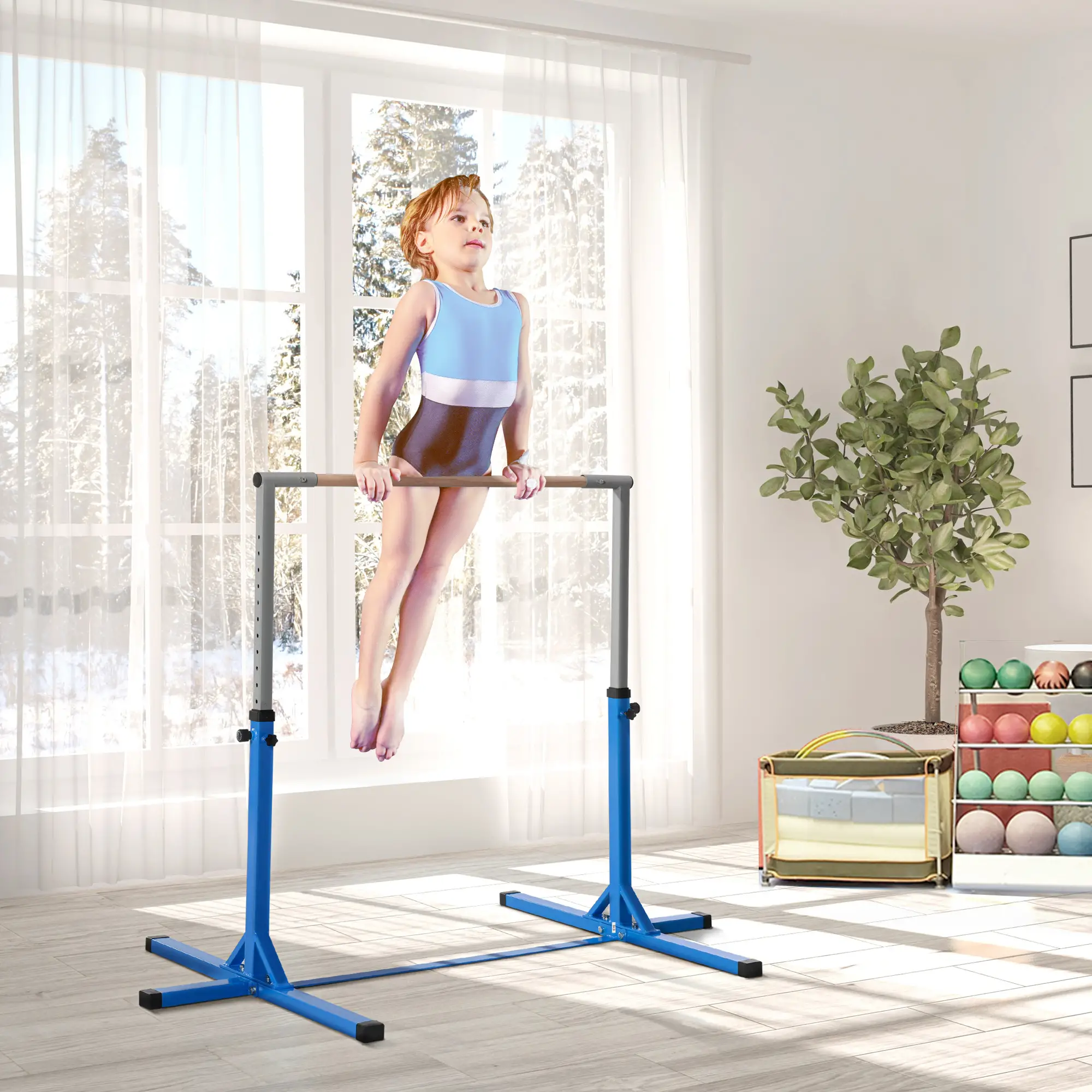 Gymnastik-Turnreck, 13-stufig höhenverstellbar Reckstange, Reck Turnstange aus Holz & stabile Stahlkonstruktion bis 75 kg belastbar, für 3+ Kinder, Indoor, Outdoor, Blau