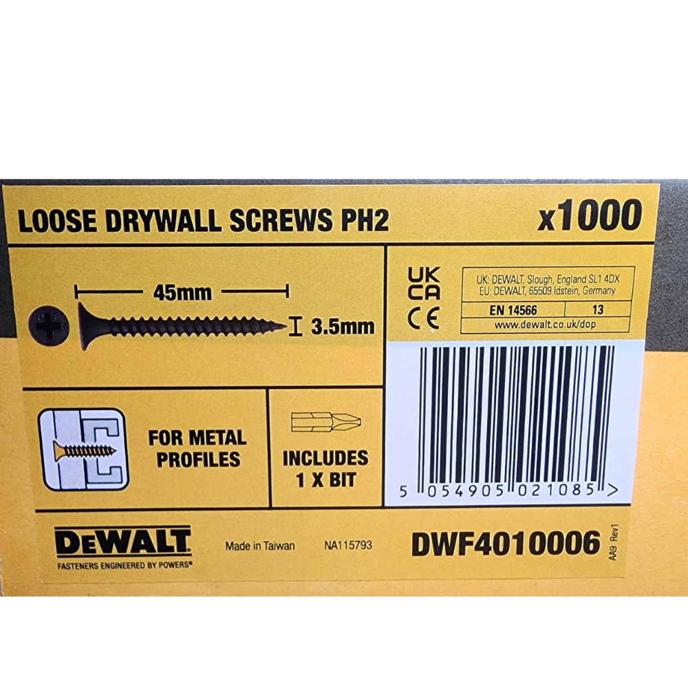 Drywall Screws 3.5 x 45mm Coarse Thread Loose DeWalt DWF4010006 Pack of 1000