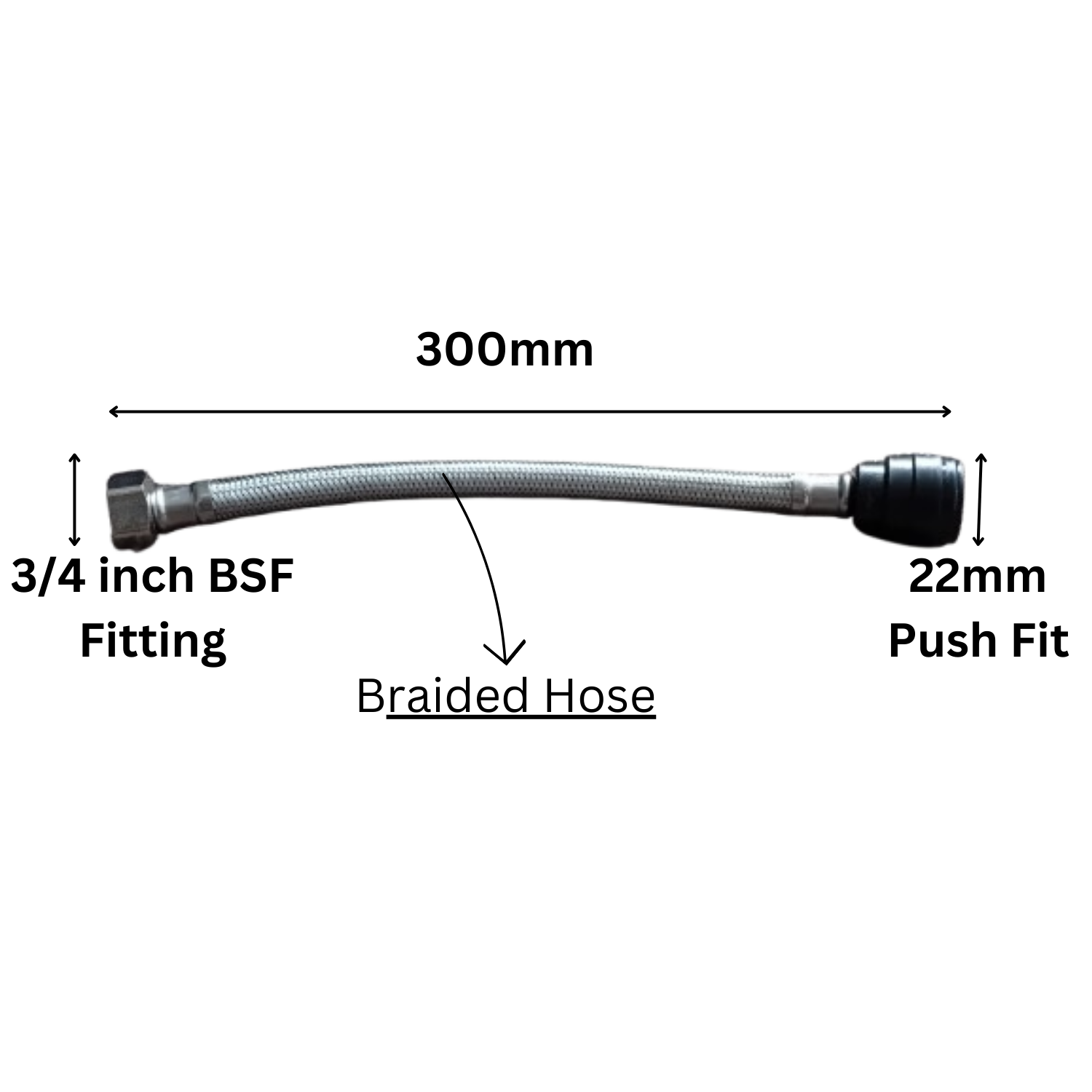 Push Fit Flexible Hose Pipe Tap Tail, Connector 22mm x 3/4" BSP, Tap Connectors for Kitchen Sink/Bathroom, Basin, Stainless Steel,