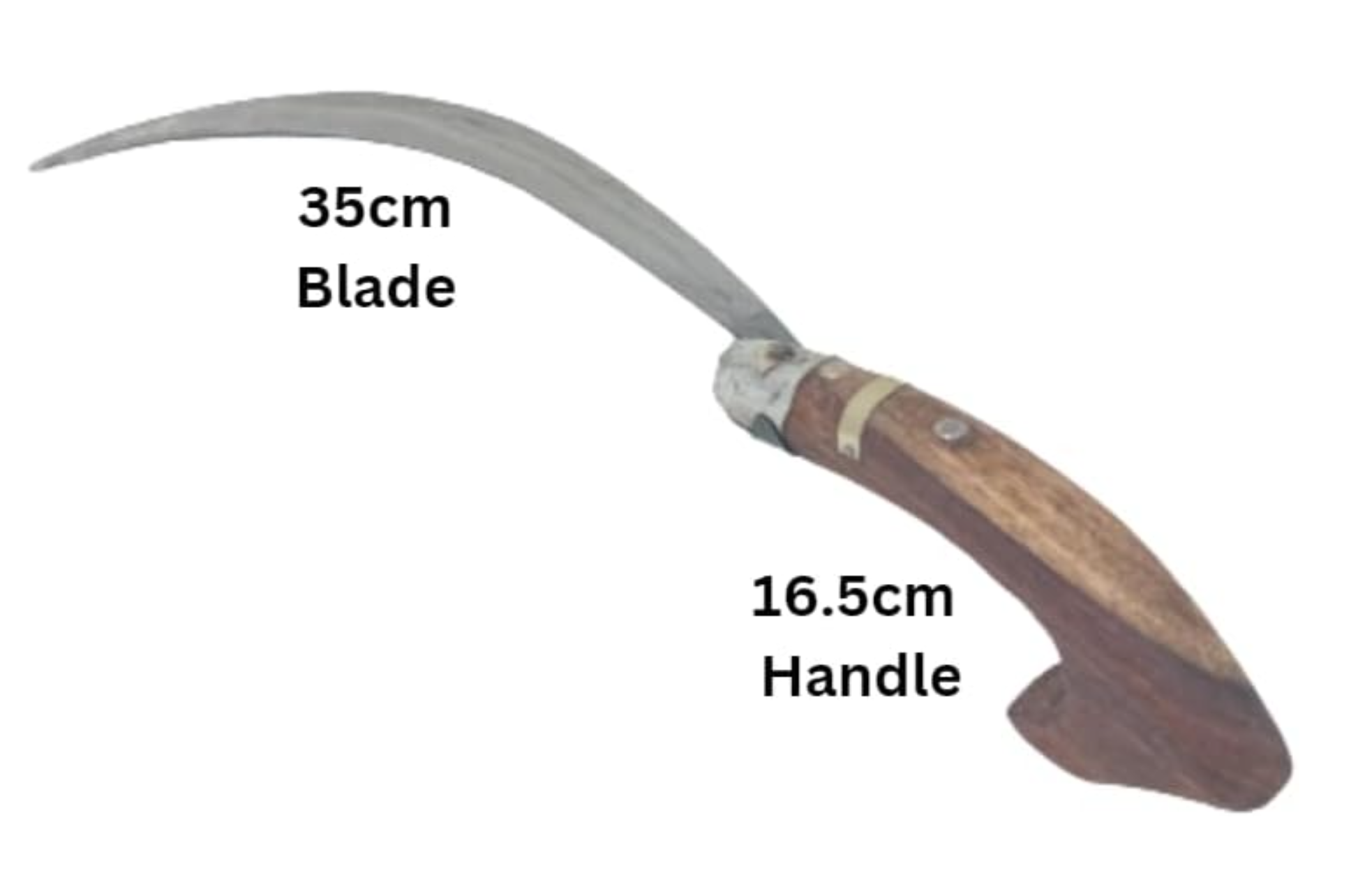 Serrated weed sickle with hardened steel blade and wooden handle, professional agricultural tool