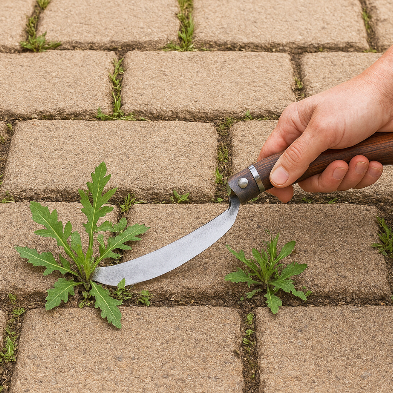 Serrated weed sickle with hardened steel blade and wooden handle, professional agricultural tool