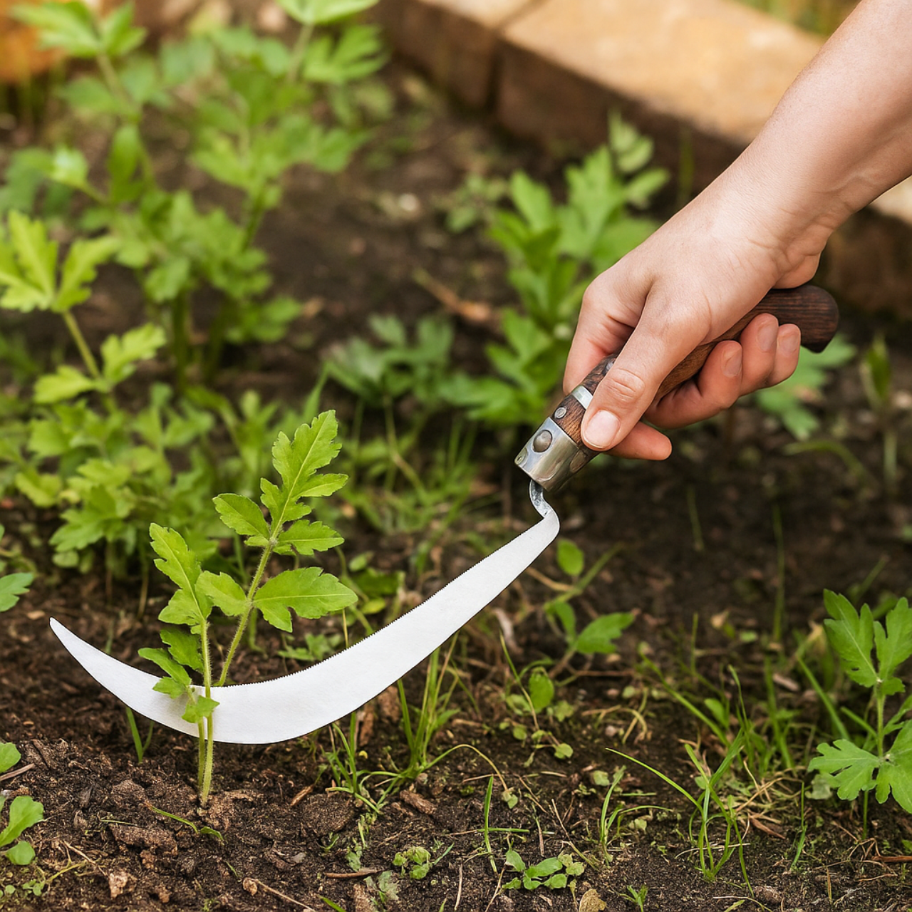 Serrated weed sickle with hardened steel blade and wooden handle, professional agricultural tool