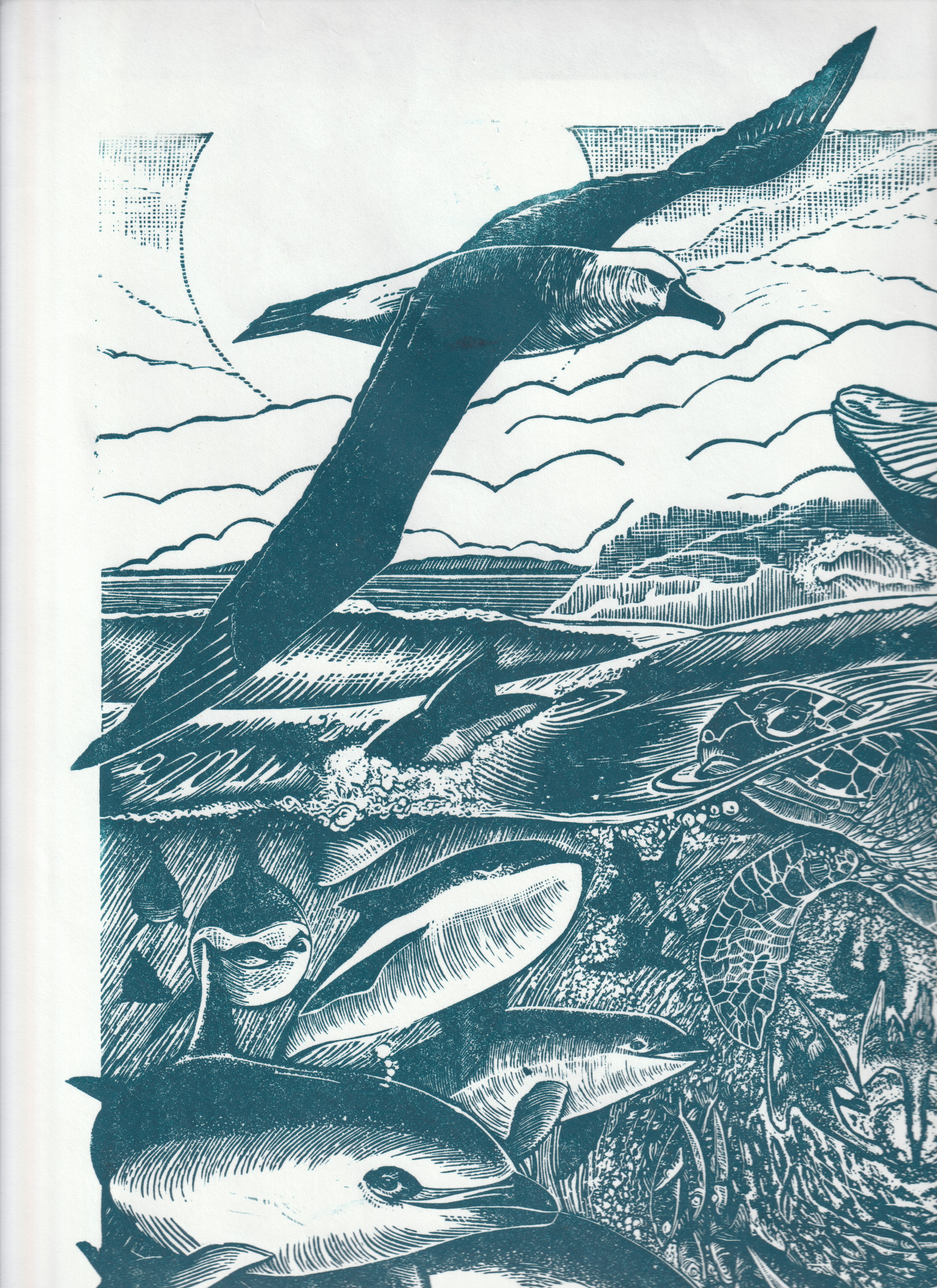 Living Ocean.  Linocut Print 