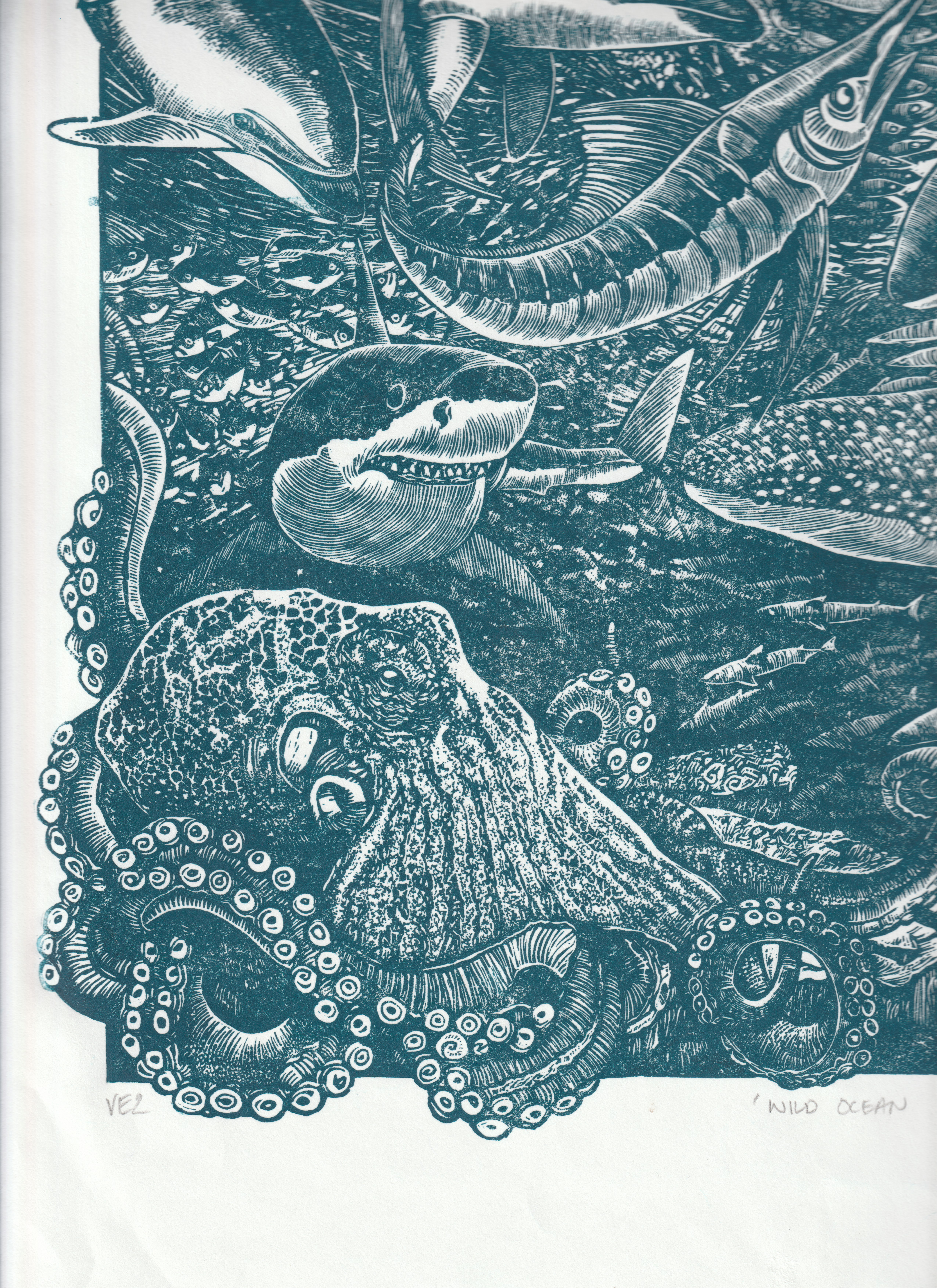 Living Ocean.  Linocut Print 