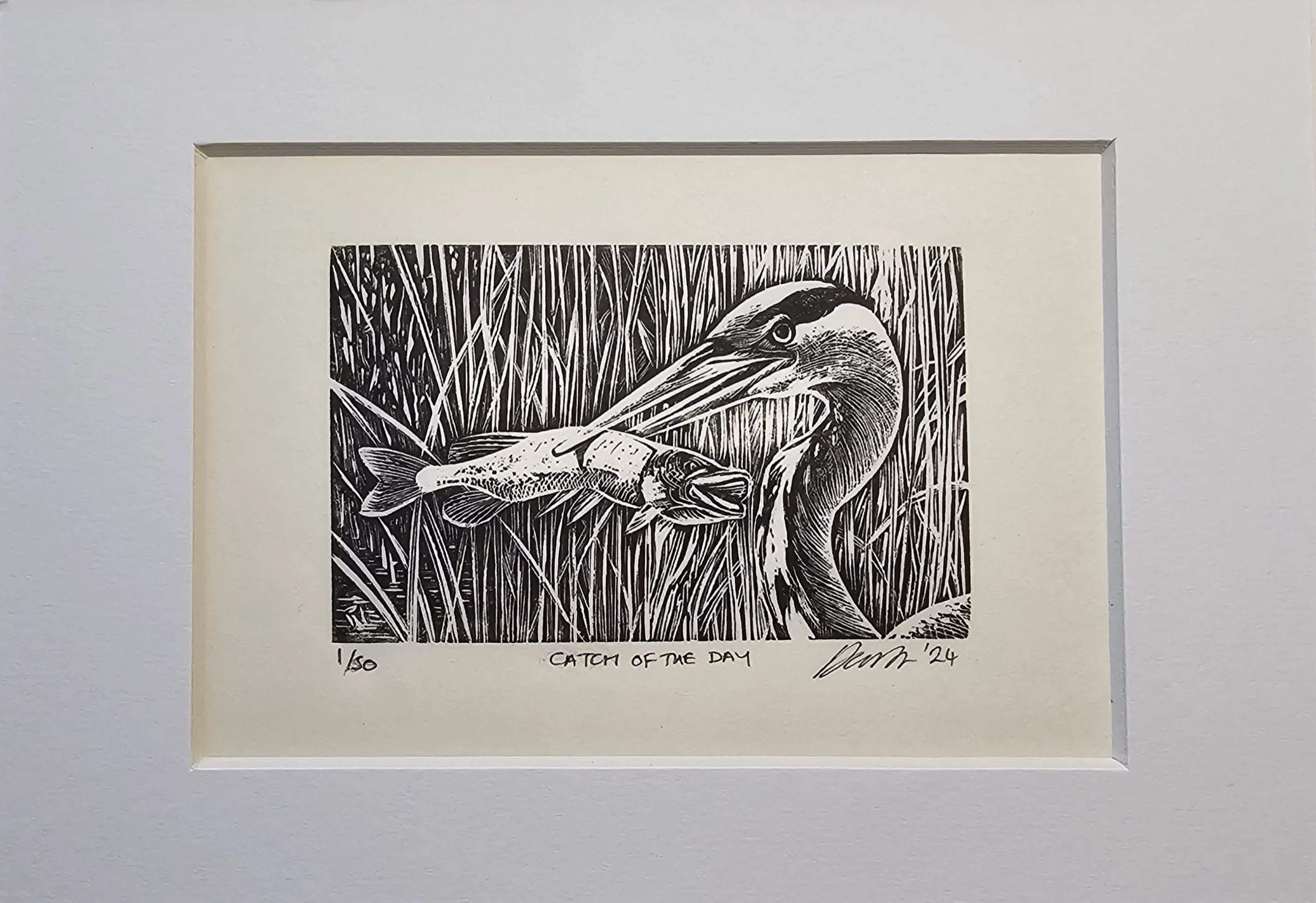 Heron and Pike. Wood Engraving print.