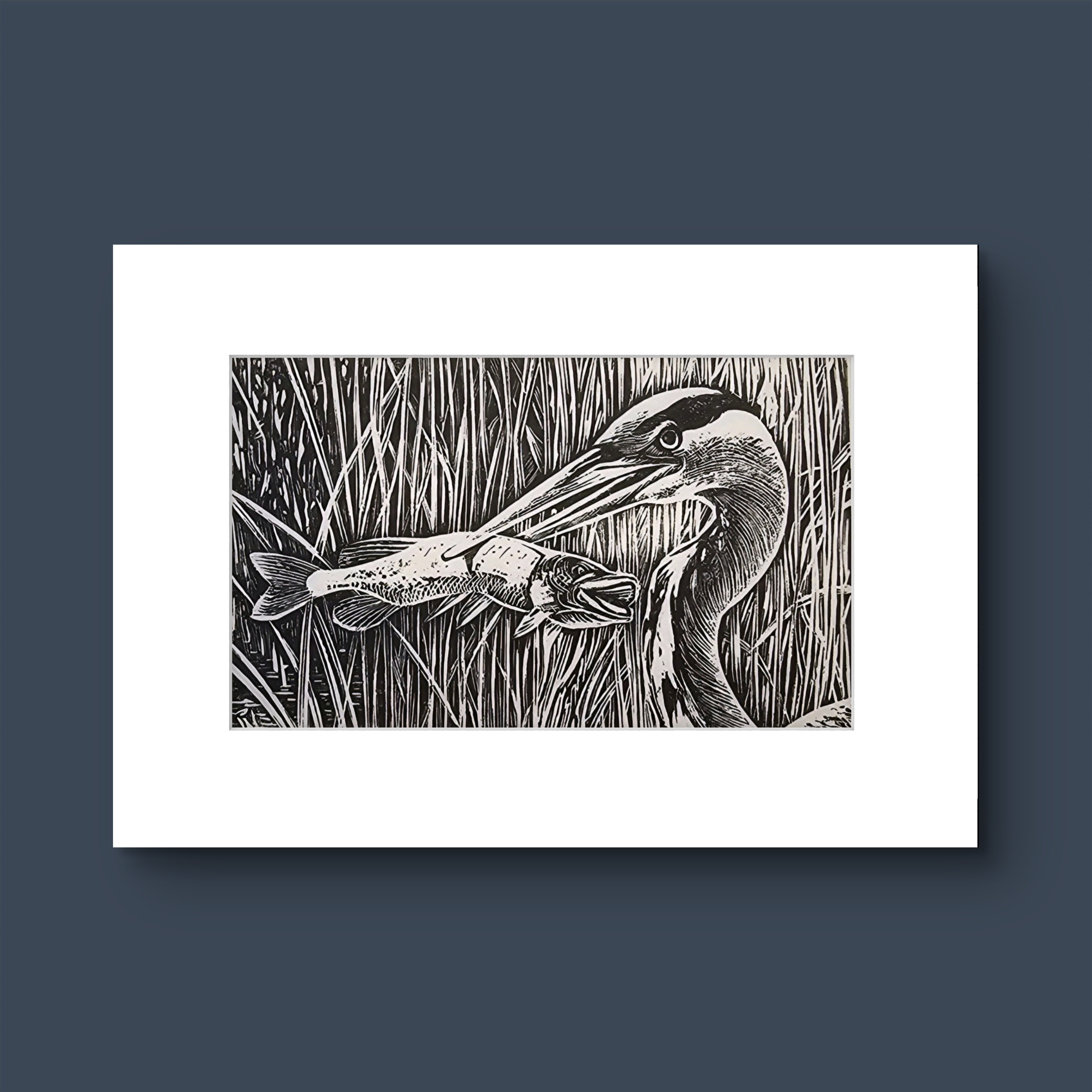 Heron and Pike. Wood Engraving print.