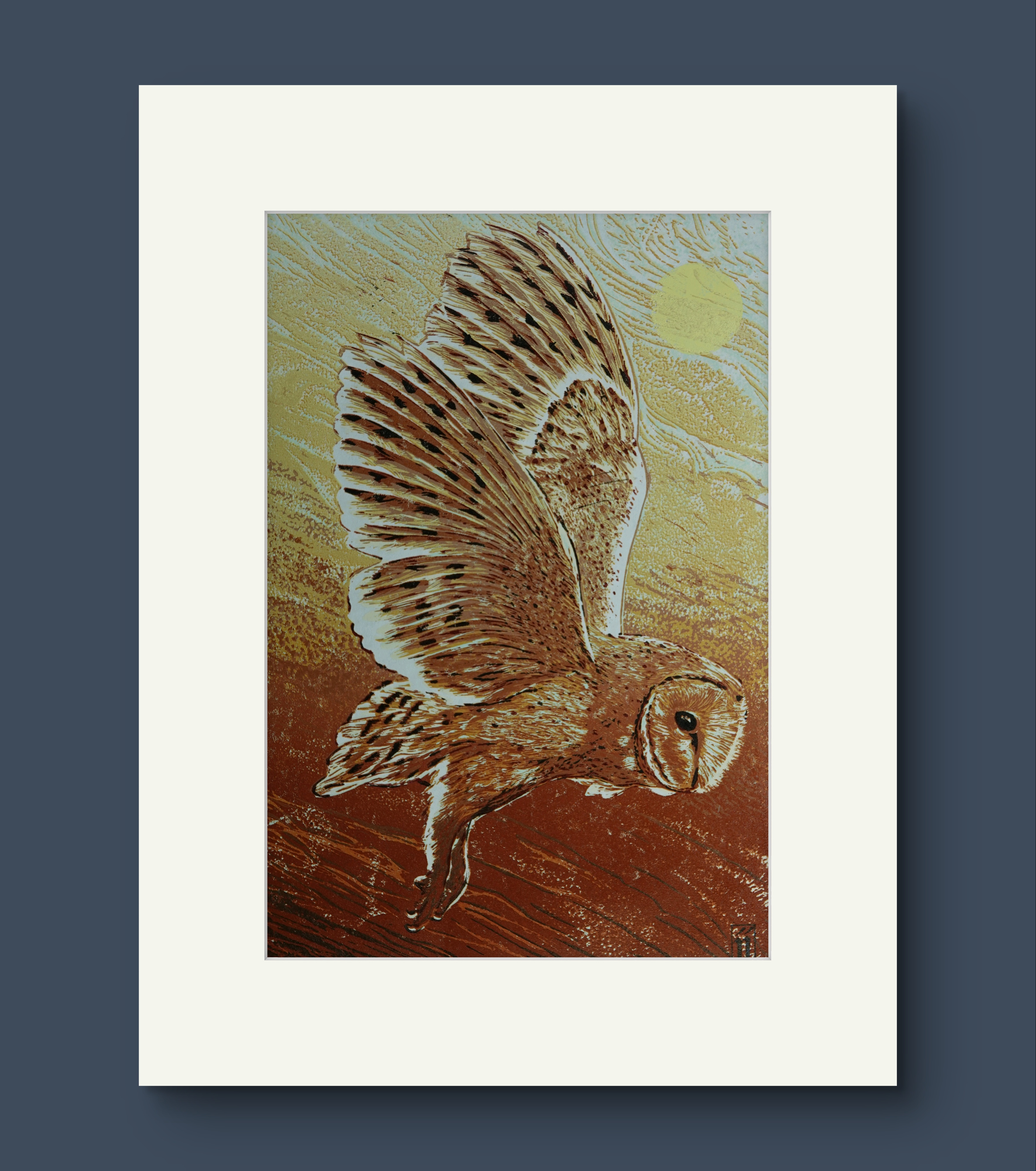 Twilight Barn Owl. Linocut Print
