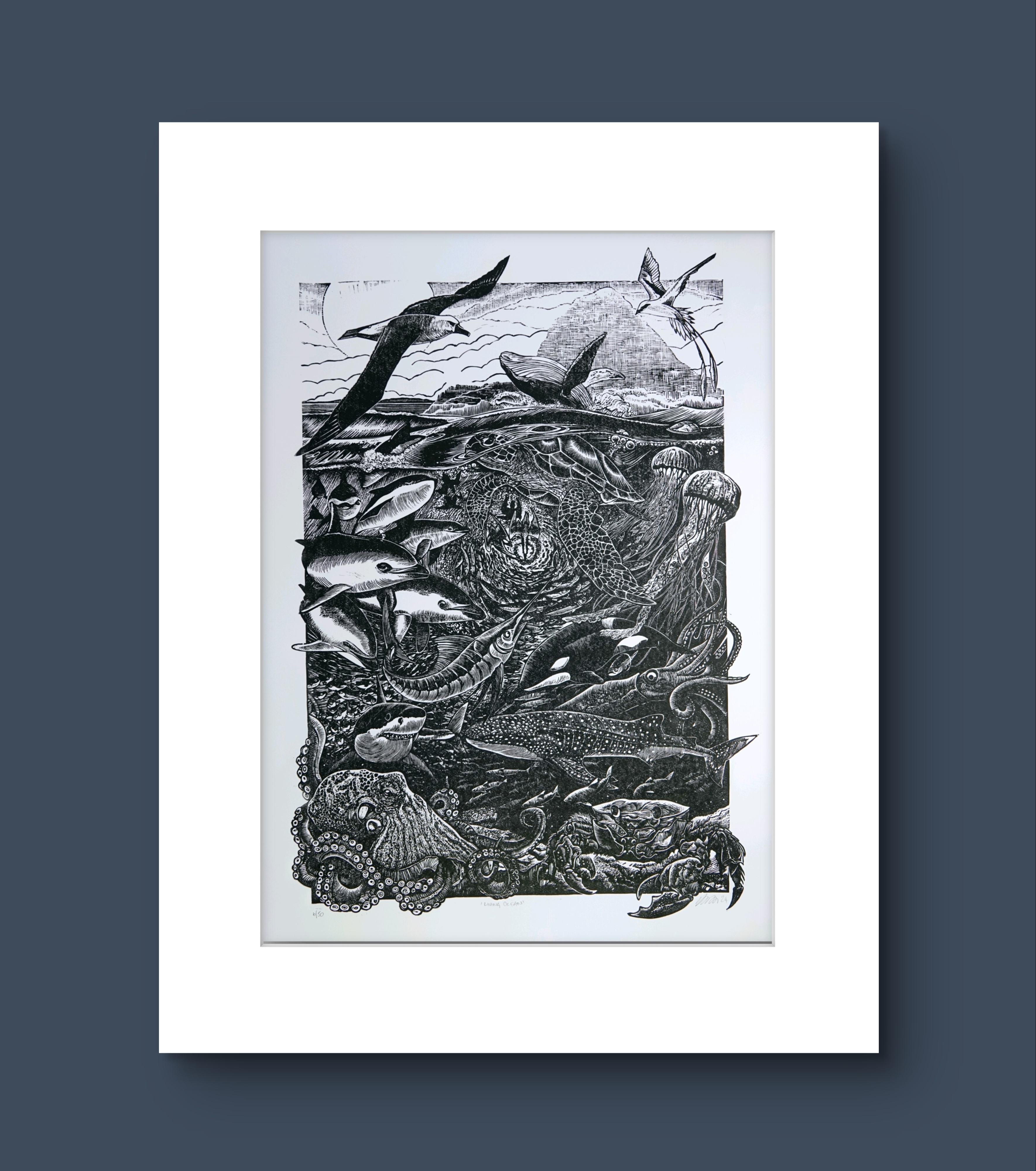 Living Ocean.  Linocut Print 