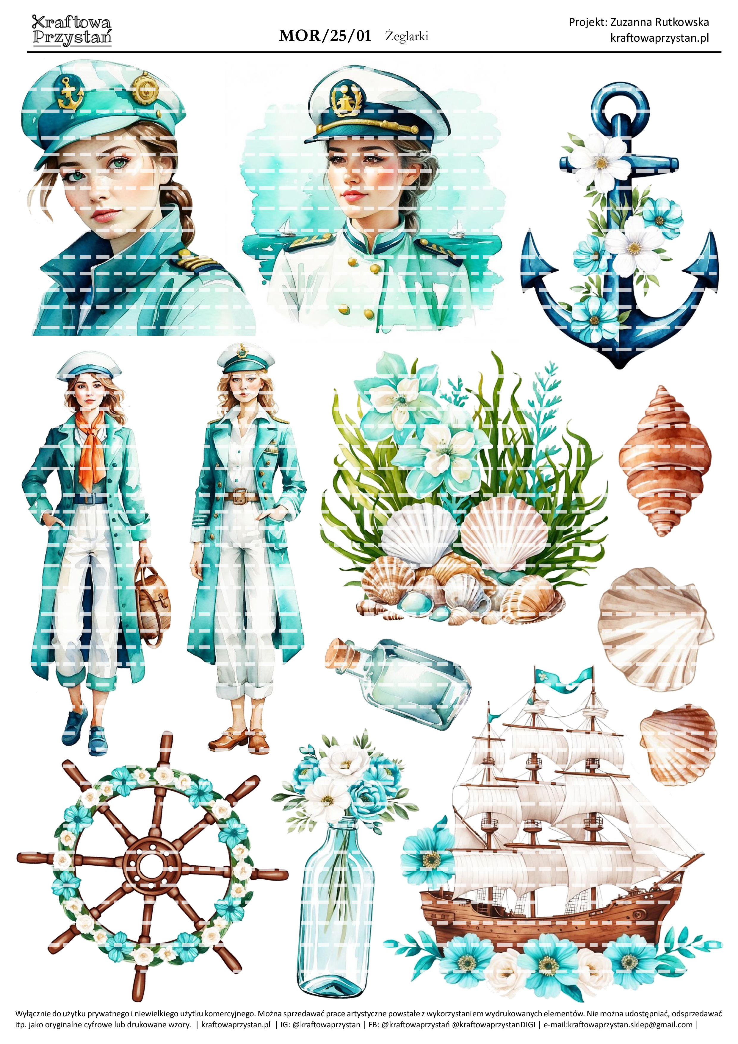 Morski Zestaw - zestaw papierów Cichy Brzeg + 6 arkuszy grafik morskich