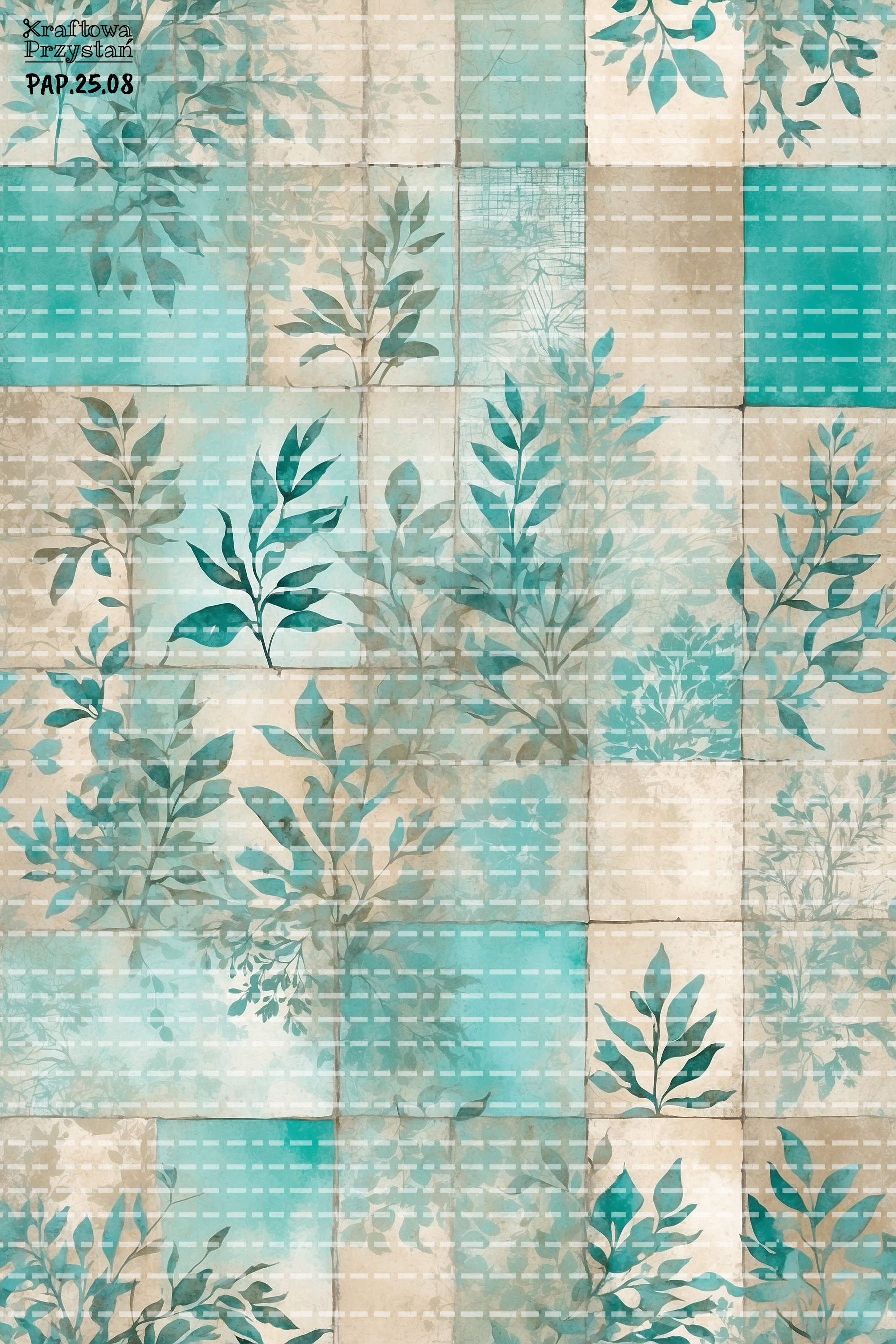 PAP.25.08 - Papier turkusowy patchwork z liśćmi