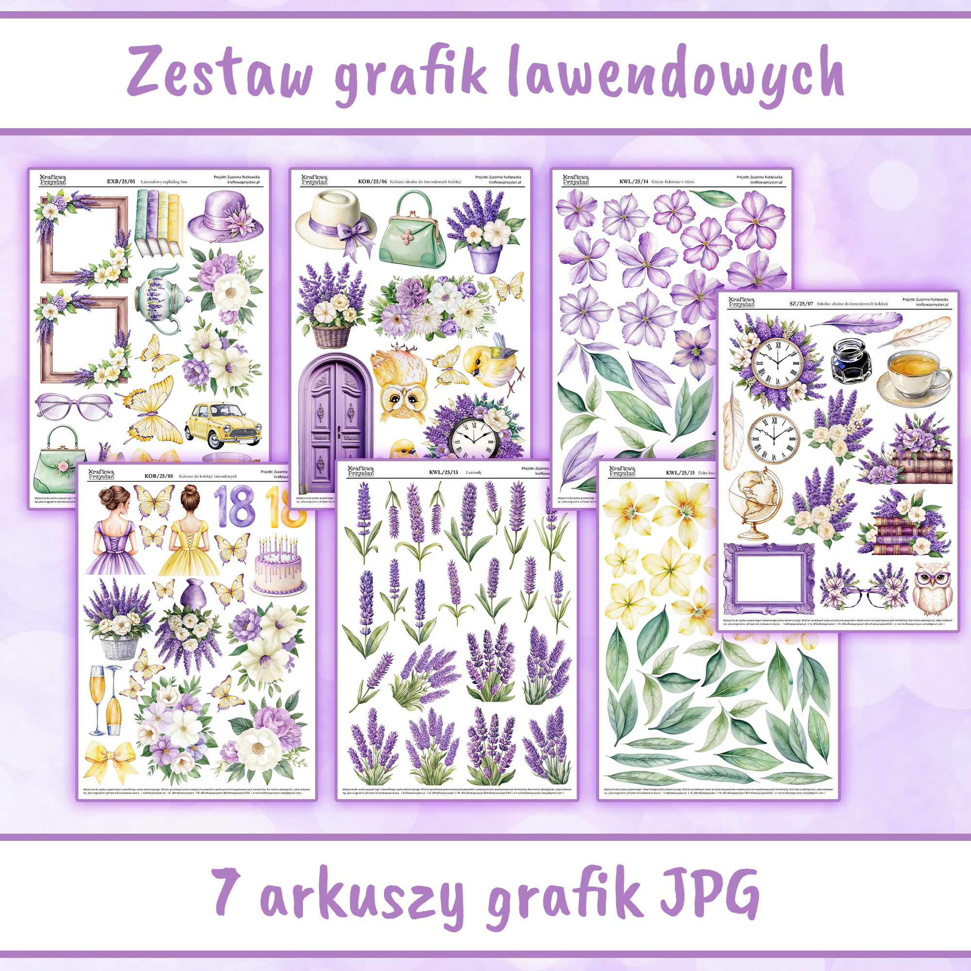 Zapach Lawendy Grafiki - zestaw 7 arkuszy grafik lawendowych