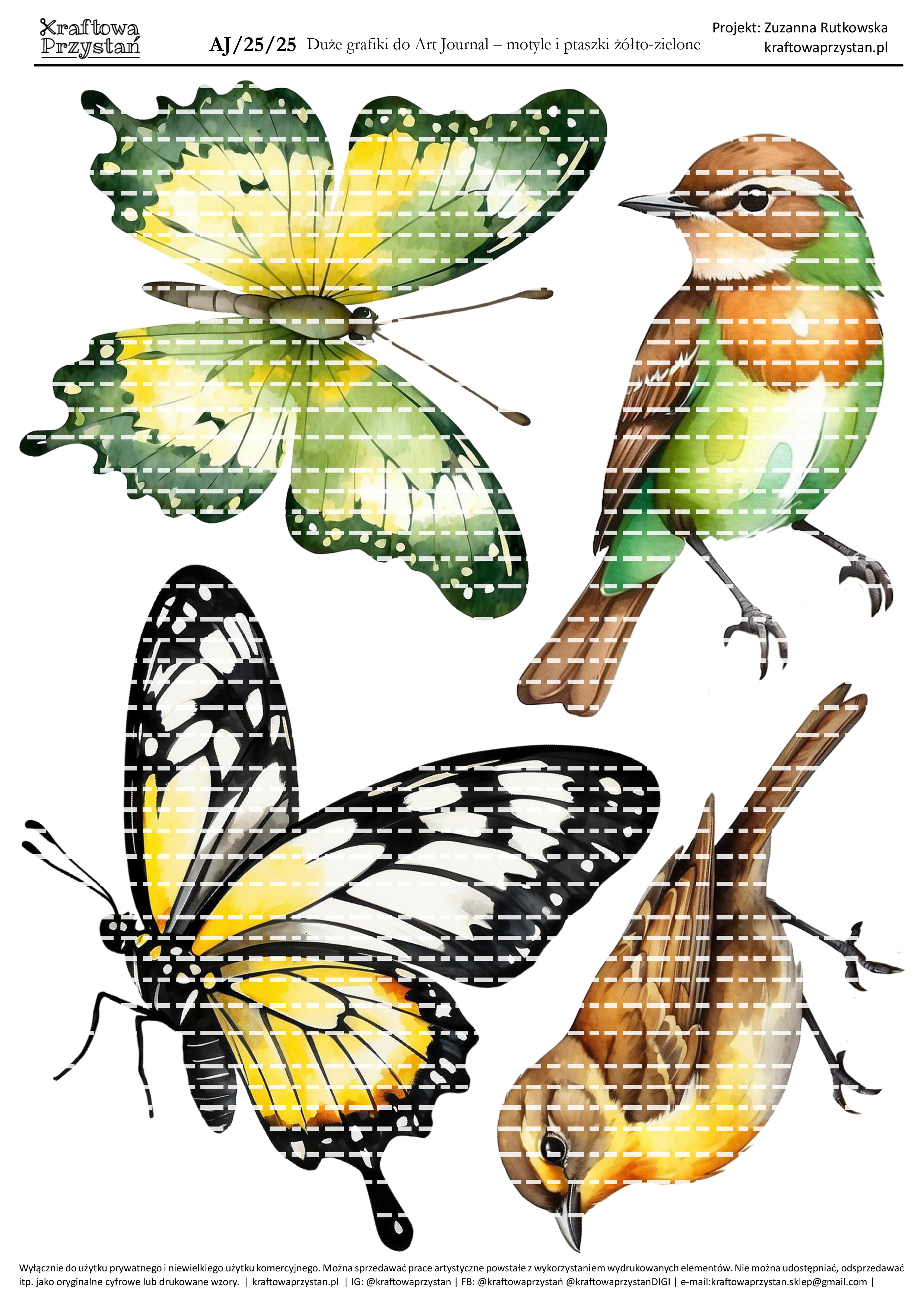 AJ.25.25 - motyle i ptaszki żółto-zielone - grafiki do Art Journal