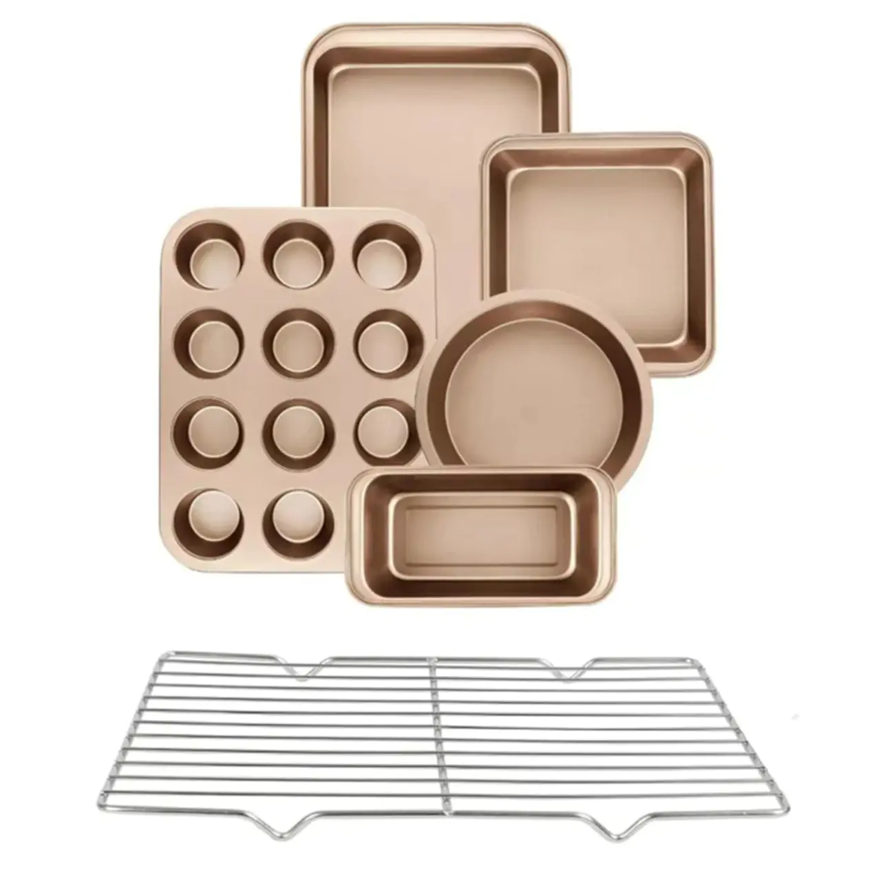 6 Piece Baking Pan Sets,Perfect Non-stick Bakeware Sets with 12 Cups Muffin Pan,Round Cake Pan,Square Cake Pan,Loaf Pan, Roasting Pan,Carbon Steel Bake Set,Gold