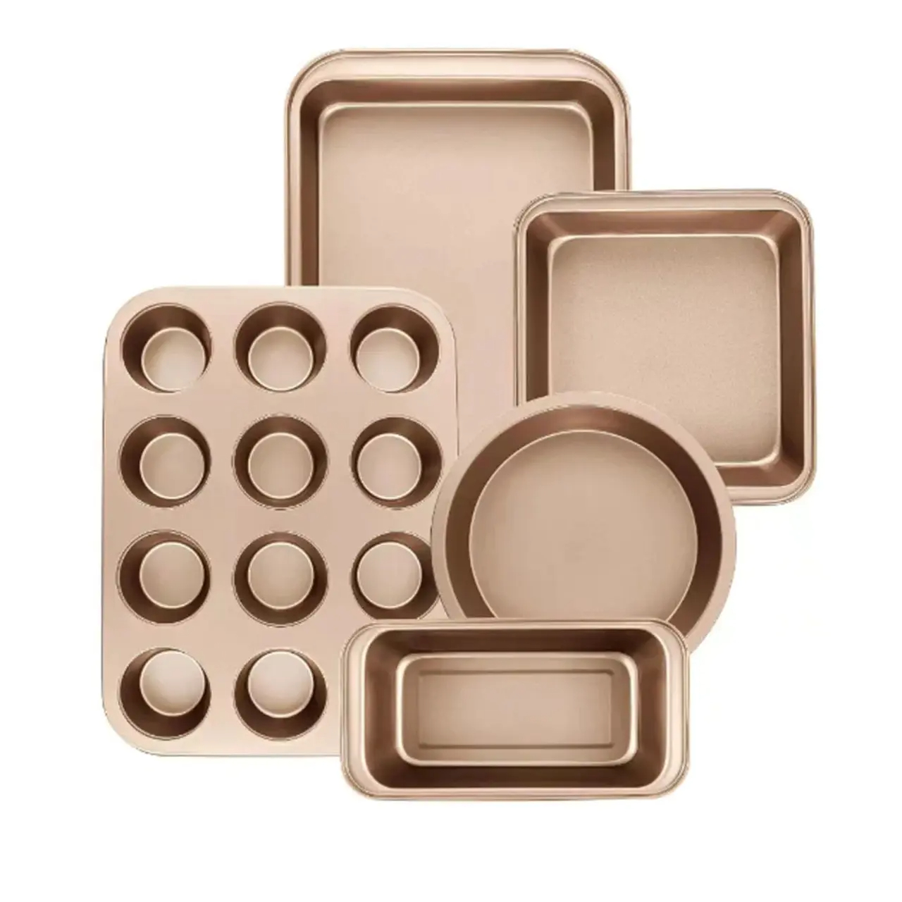 6 Piece Baking Pan Sets,Perfect Non-stick Bakeware Sets with 12 Cups Muffin Pan,Round Cake Pan,Square Cake Pan,Loaf Pan, Roasting Pan,Carbon Steel Bake Set,Gold