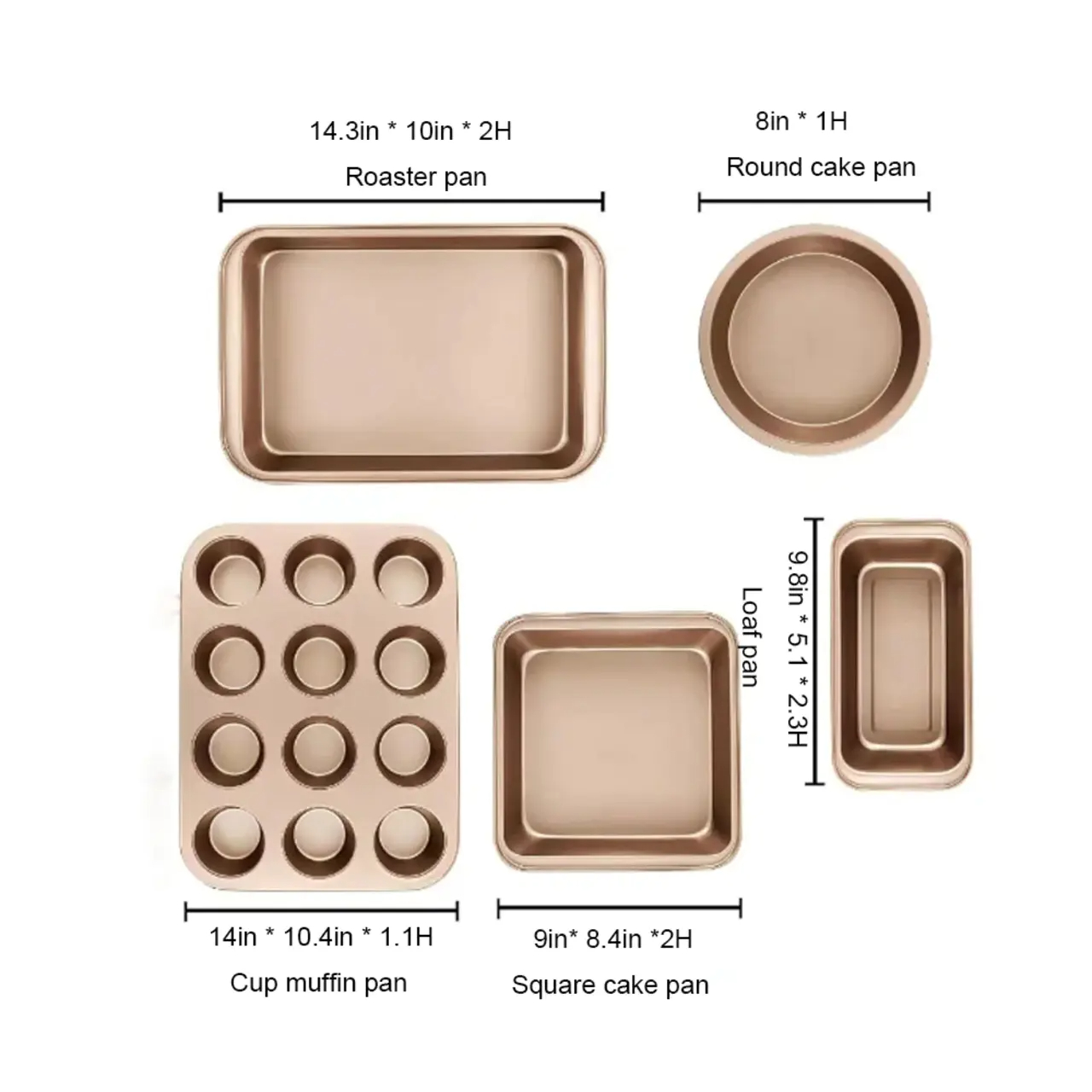 6 Piece Baking Pan Sets,Perfect Non-stick Bakeware Sets with 12 Cups Muffin Pan,Round Cake Pan,Square Cake Pan,Loaf Pan, Roasting Pan,Carbon Steel Bake Set,Gold