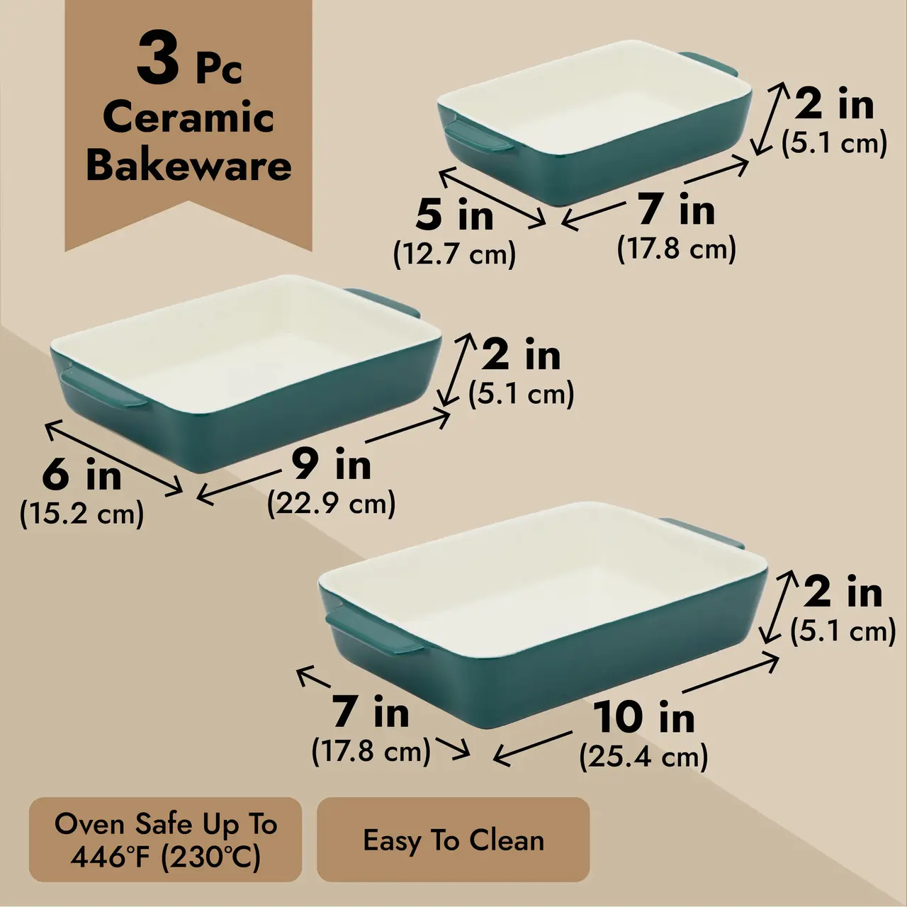 3 Piece Green Casserole Dishes for Oven Use, Baking, Rectangular Ceramic Bakeware Set in Assorted Sizes