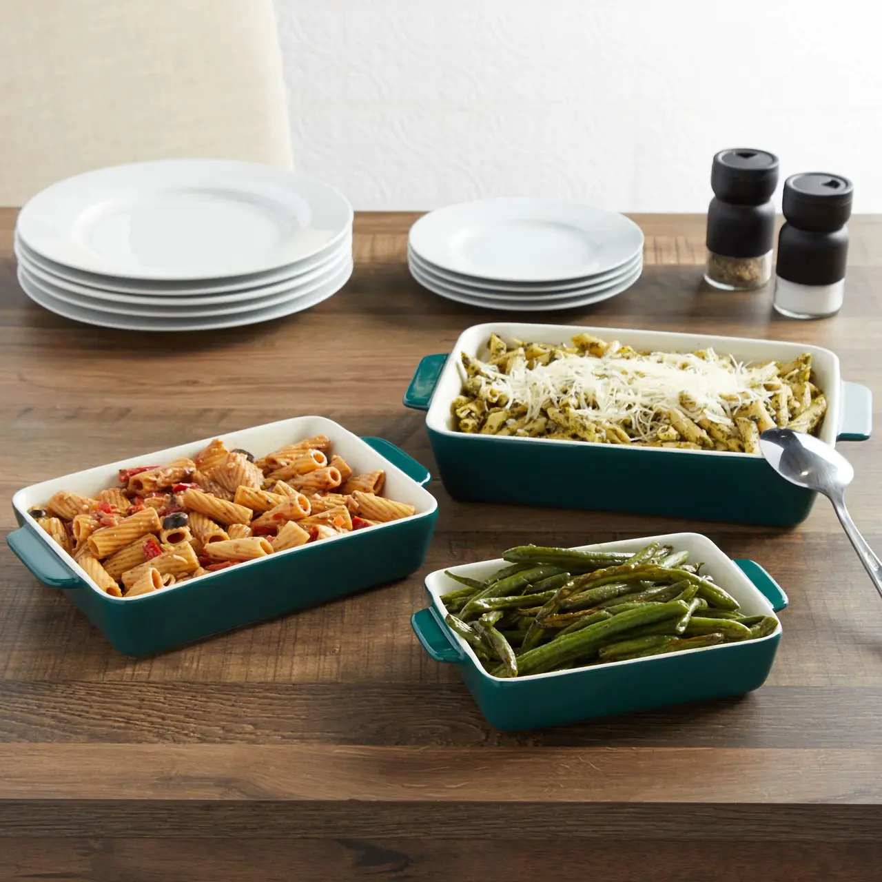 3 Piece Green Casserole Dishes for Oven Use, Baking, Rectangular Ceramic Bakeware Set in Assorted Sizes