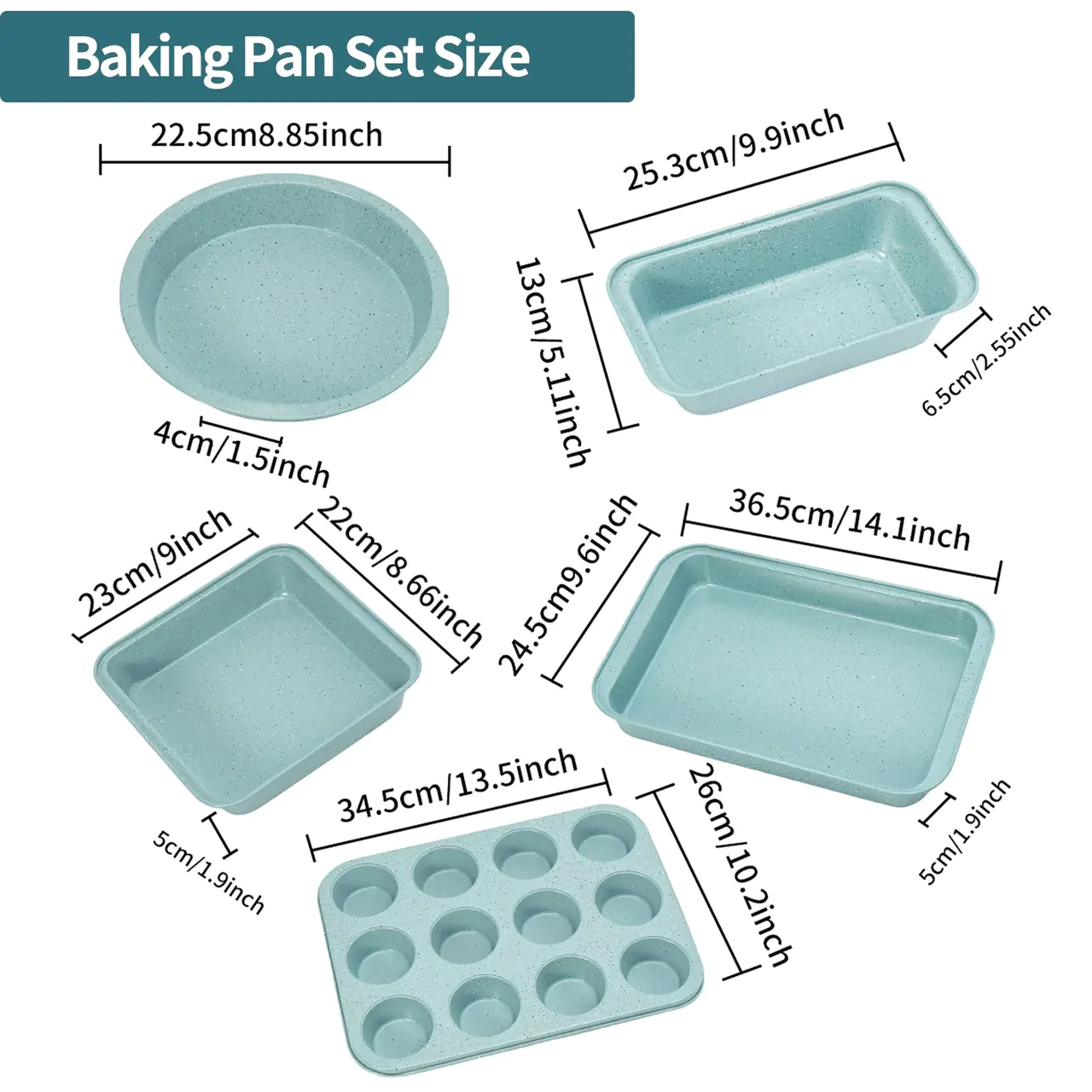 5-Piece Non-Stick Bakeware Set with Round & Square Pans, Muffin Pan, Loaf Pan & Baking Sheet