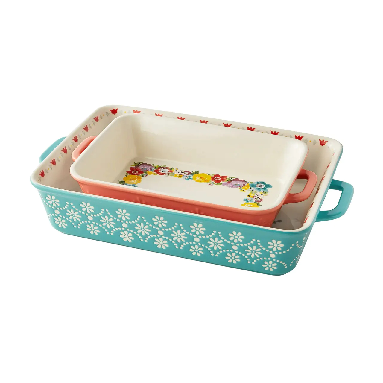 Sweet Romance Blossoms Assorted Color 2-Piece Rectangular Ceramic Baking Dishes