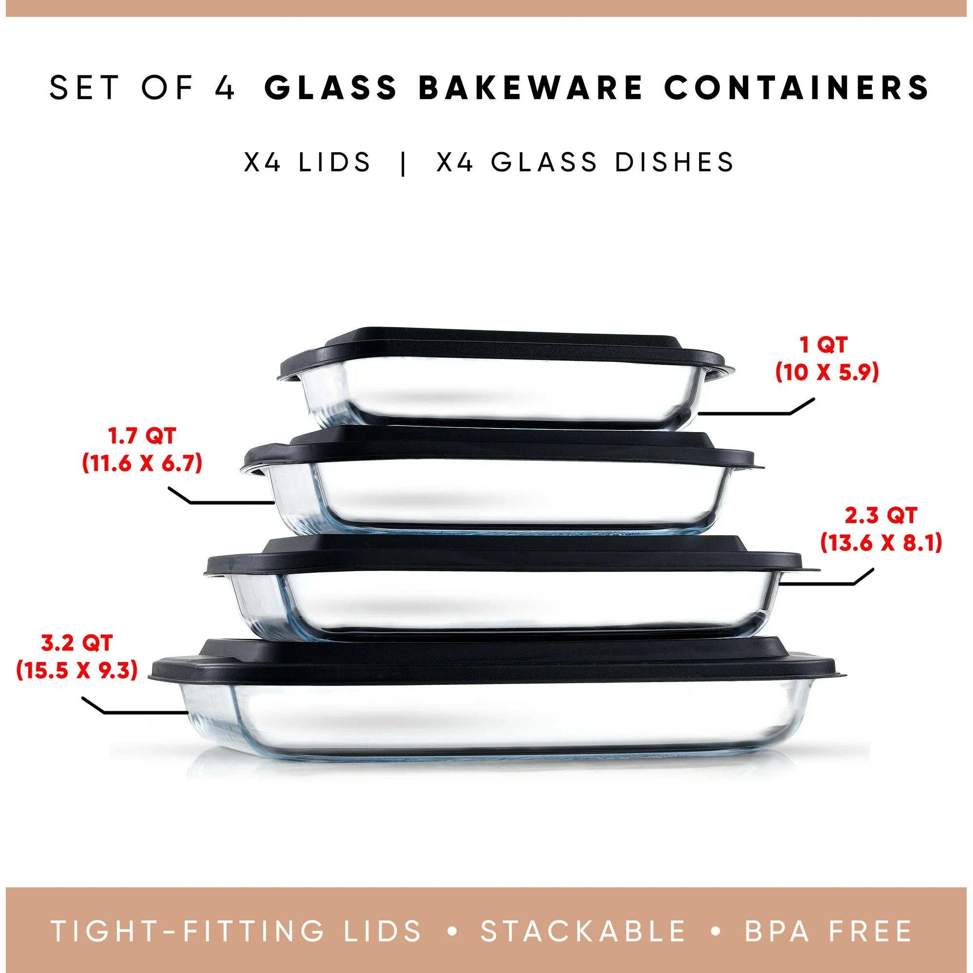 8 Piece Glass Baking Dish with Lid Set (Black) Large Glass Casserole Dishes with Covers