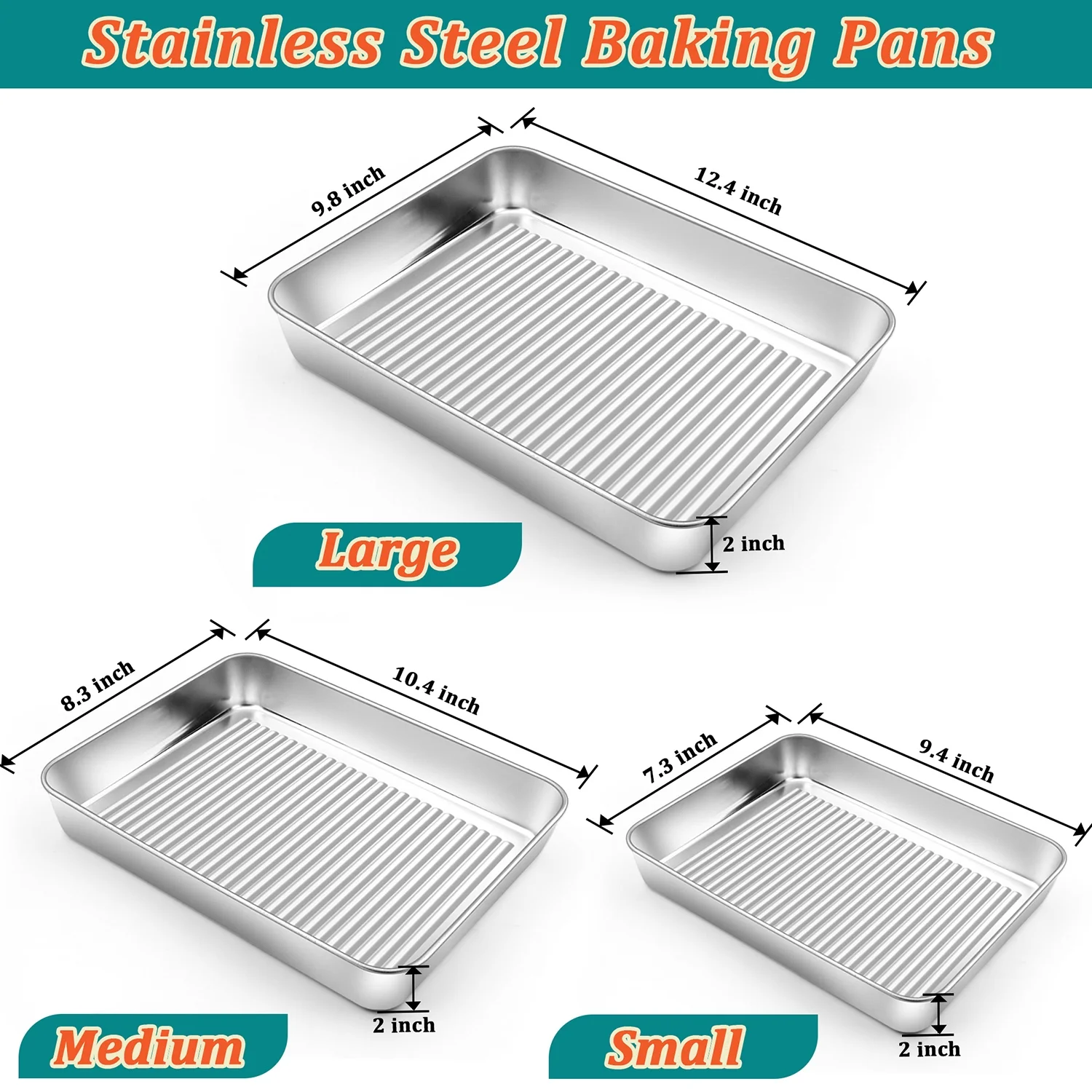 Textured Baking Pans, Stainless Steel Bakeware Set, Metal Rectangle Oven Pan for Cake Lasagna Casserole - 9.4/10.4/12.4 inch