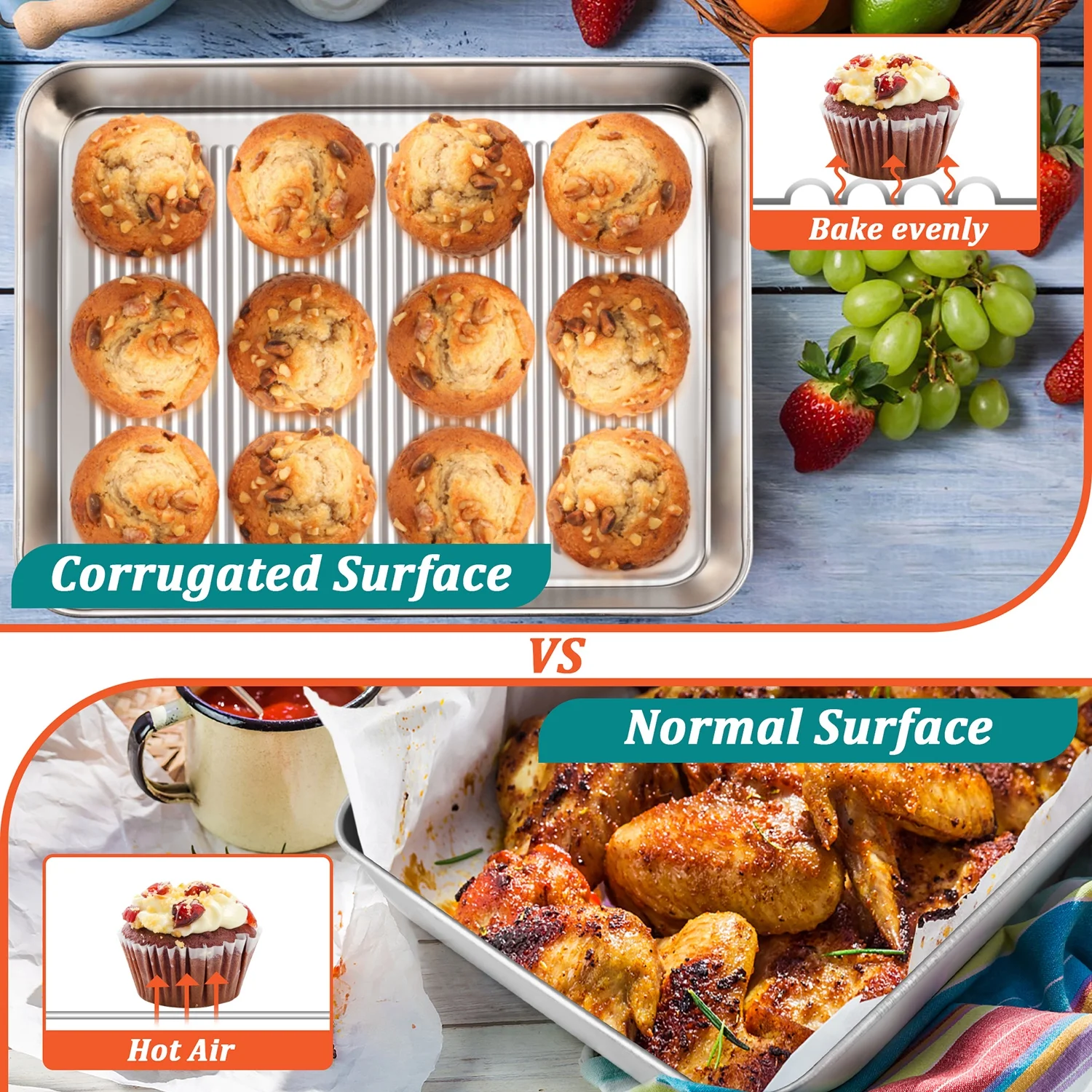 Textured Baking Pans, Stainless Steel Bakeware Set, Metal Rectangle Oven Pan for Cake Lasagna Casserole - 9.4/10.4/12.4 inch