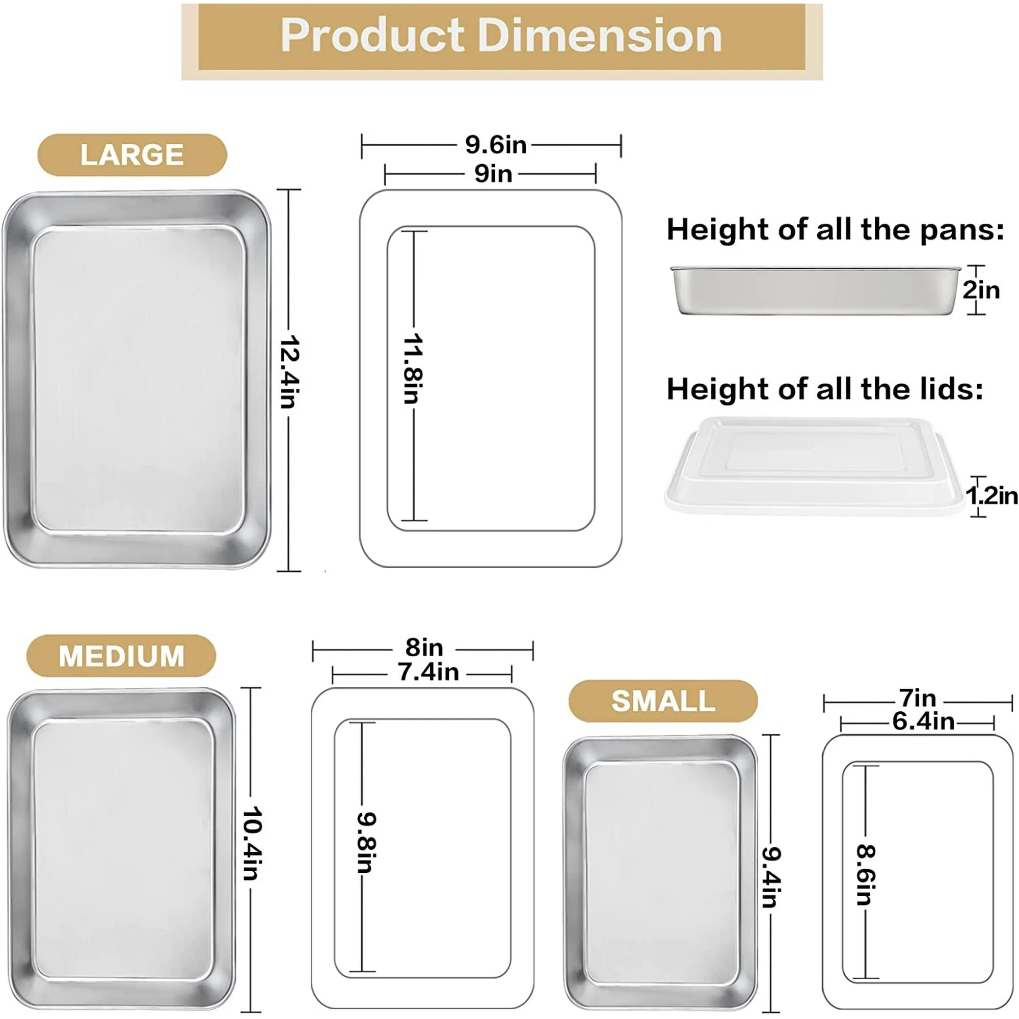 Baking Pan with Lid Set of 6, Stainless Steel Rectangular Bakeware Set for Cake Brownie Lasagna Casserole, Include 3 Pans & 3 Lids