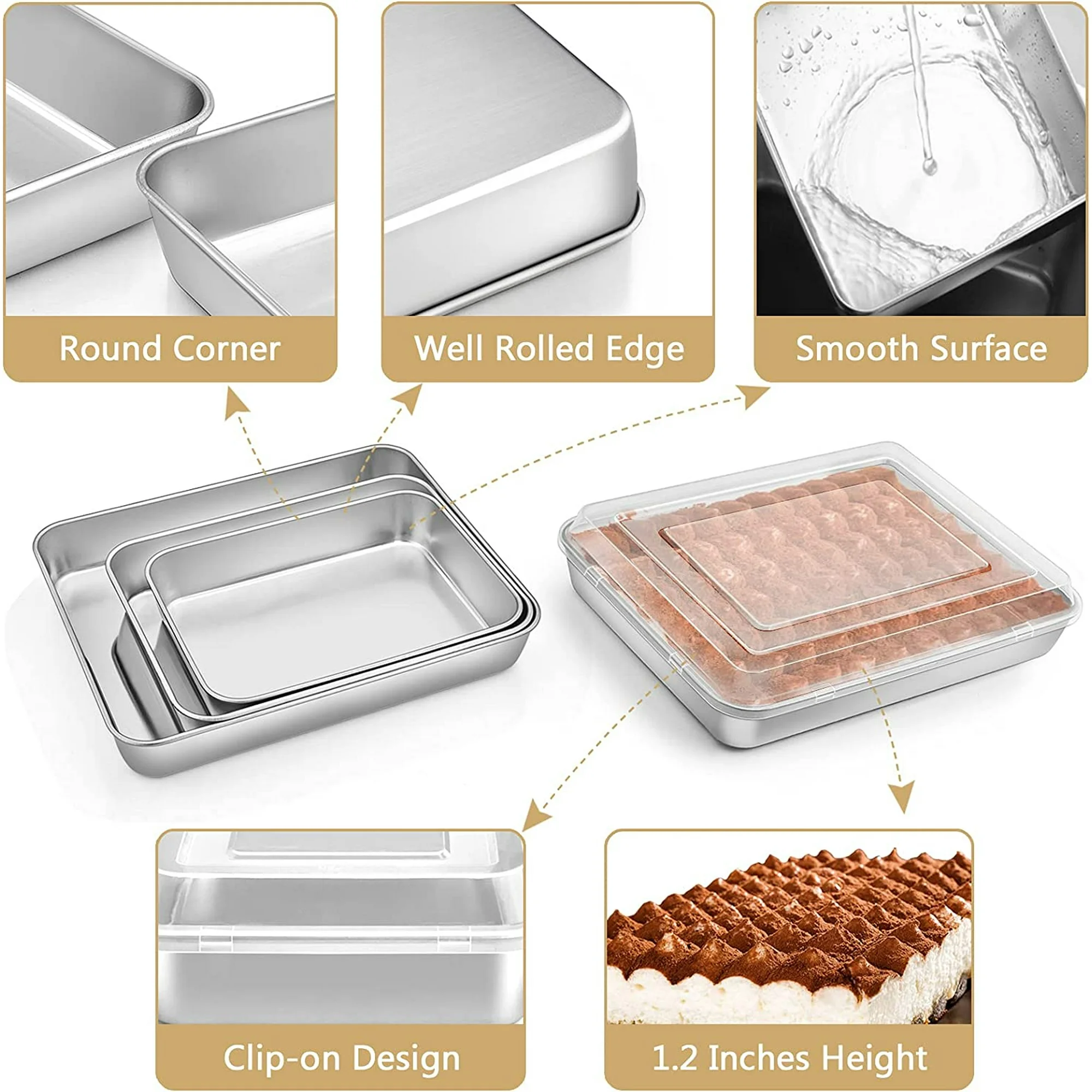 Baking Pan with Lid Set of 6, Stainless Steel Rectangular Bakeware Set for Cake Brownie Lasagna Casserole, Include 3 Pans & 3 Lids