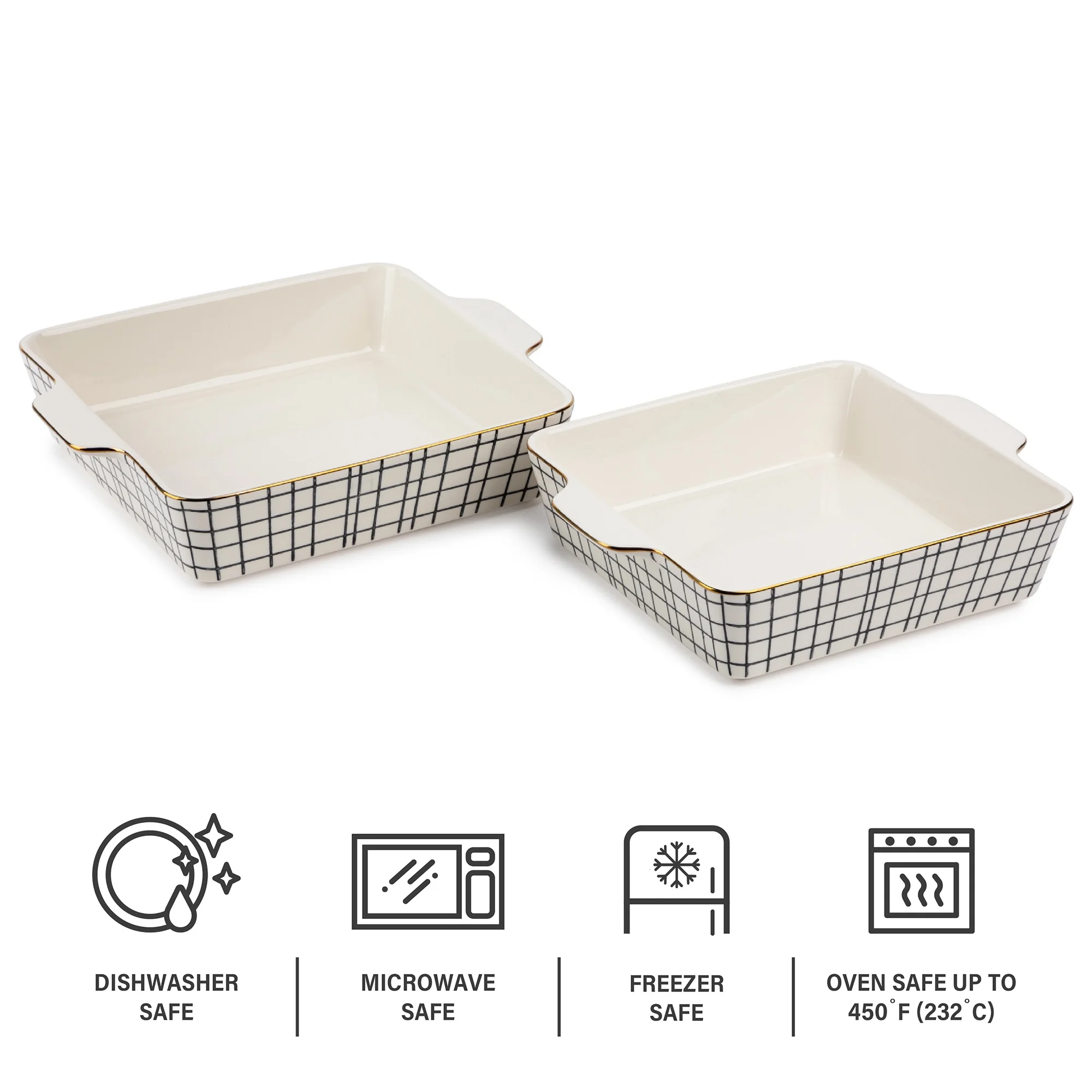 Stoneware Square Baker, Black & White Crosshatch, 2-Piece Set