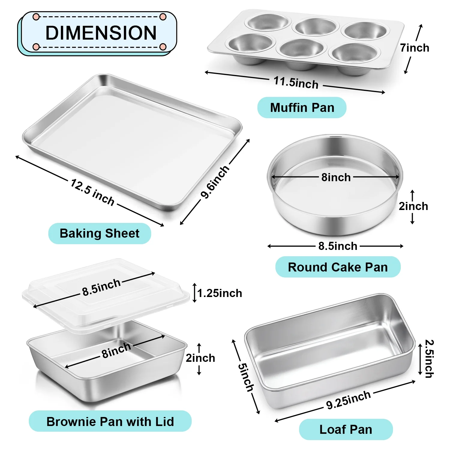 Stainless Steel Bakeware Set of 6, Metal Toaster Oven Pans, Professional Baking Pans Include Cookie Sheet, Loaf & Muffin Pan