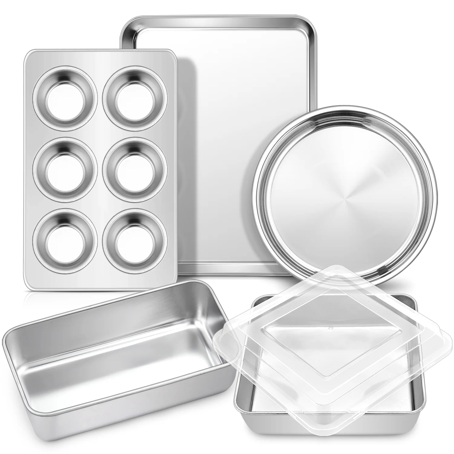 Stainless Steel Bakeware Set of 6, Metal Toaster Oven Pans, Professional Baking Pans Include Cookie Sheet, Loaf & Muffin Pan
