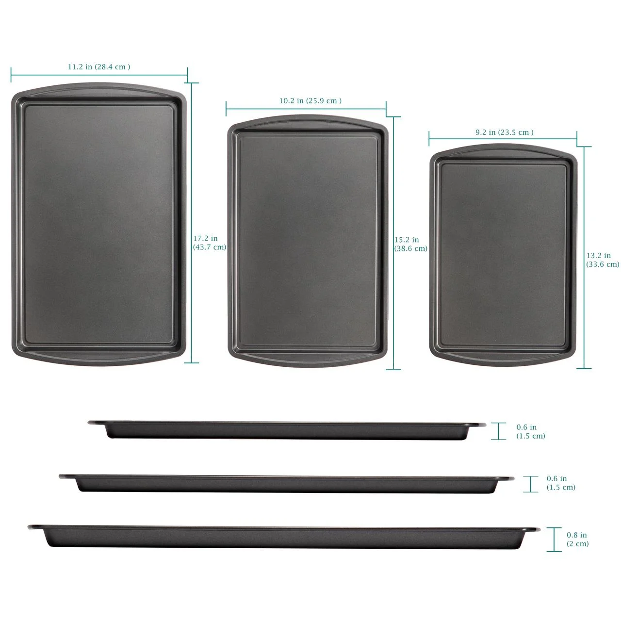 3PC Nonstick Cookie Set, 11.2" x 17.2", 10.2" x 15.2", 9.2" x 13.2", Gray