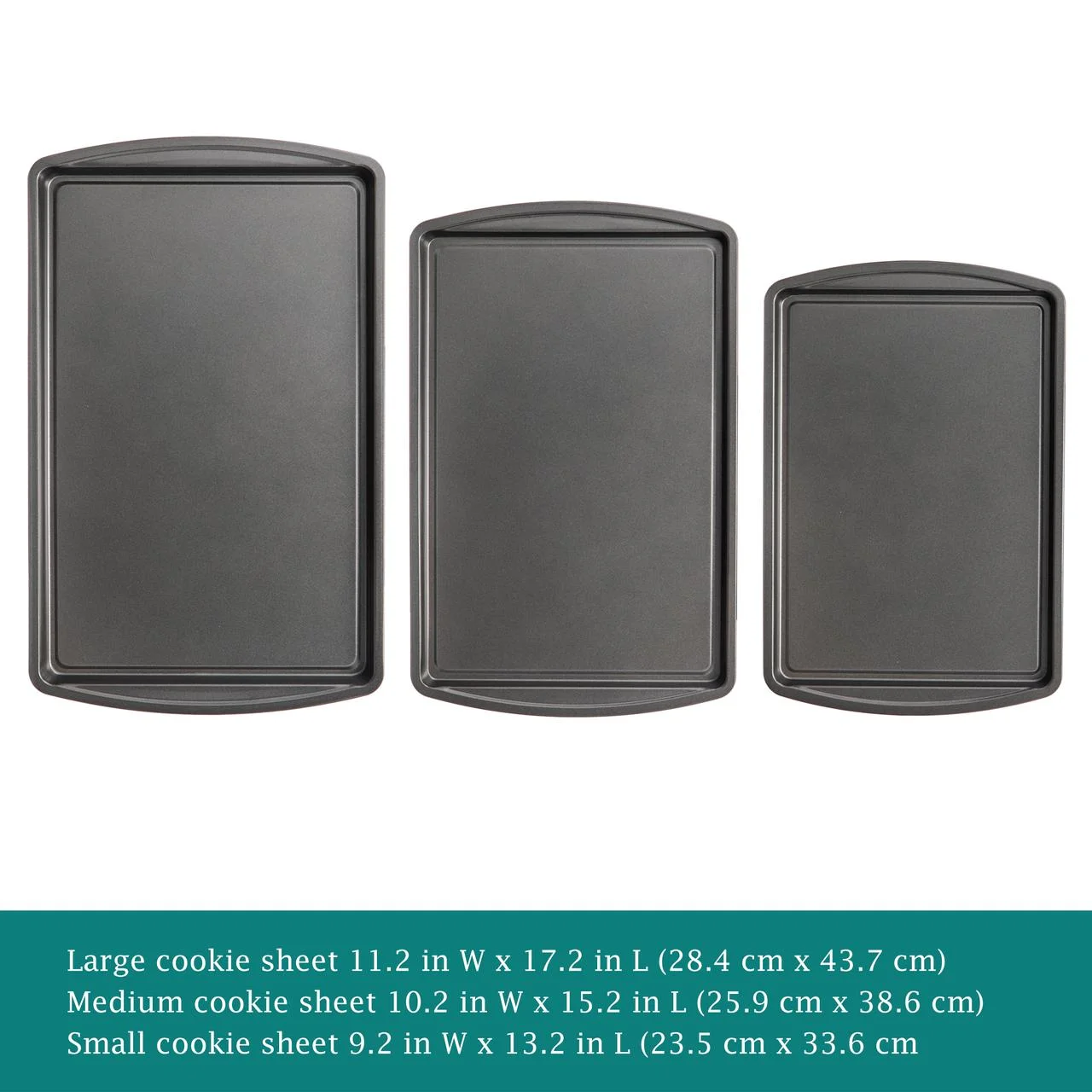 3PC Nonstick Cookie Set, 11.2" x 17.2", 10.2" x 15.2", 9.2" x 13.2", Gray