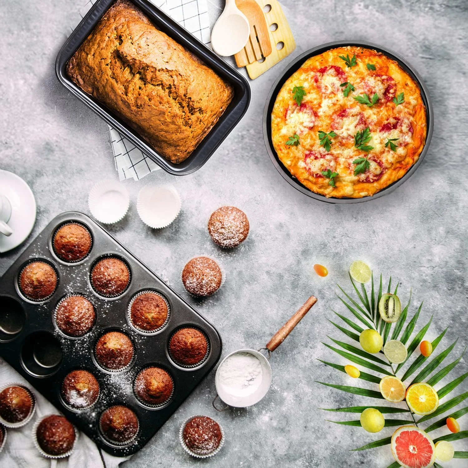 5-piece baking set includes a baking sheet, muffin pan, round cake pan, and pizza pan strong, long-lasting, and less prone to warping