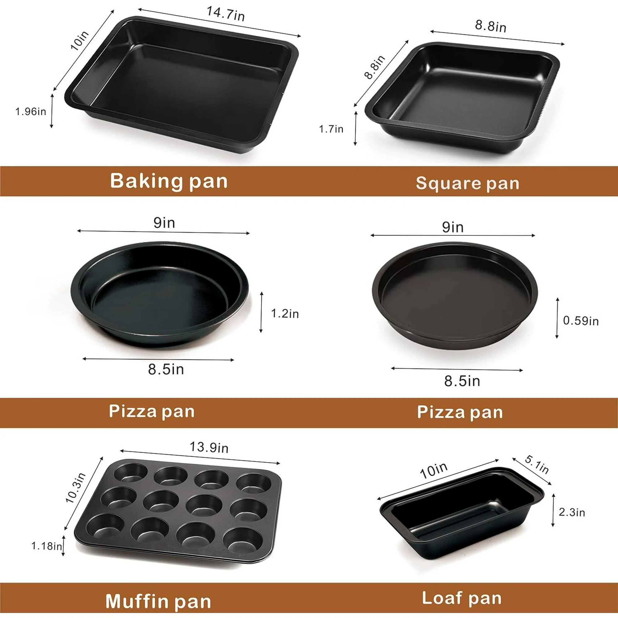 5-piece baking set includes a baking sheet, muffin pan, round cake pan, and pizza pan strong, long-lasting, and less prone to warping
