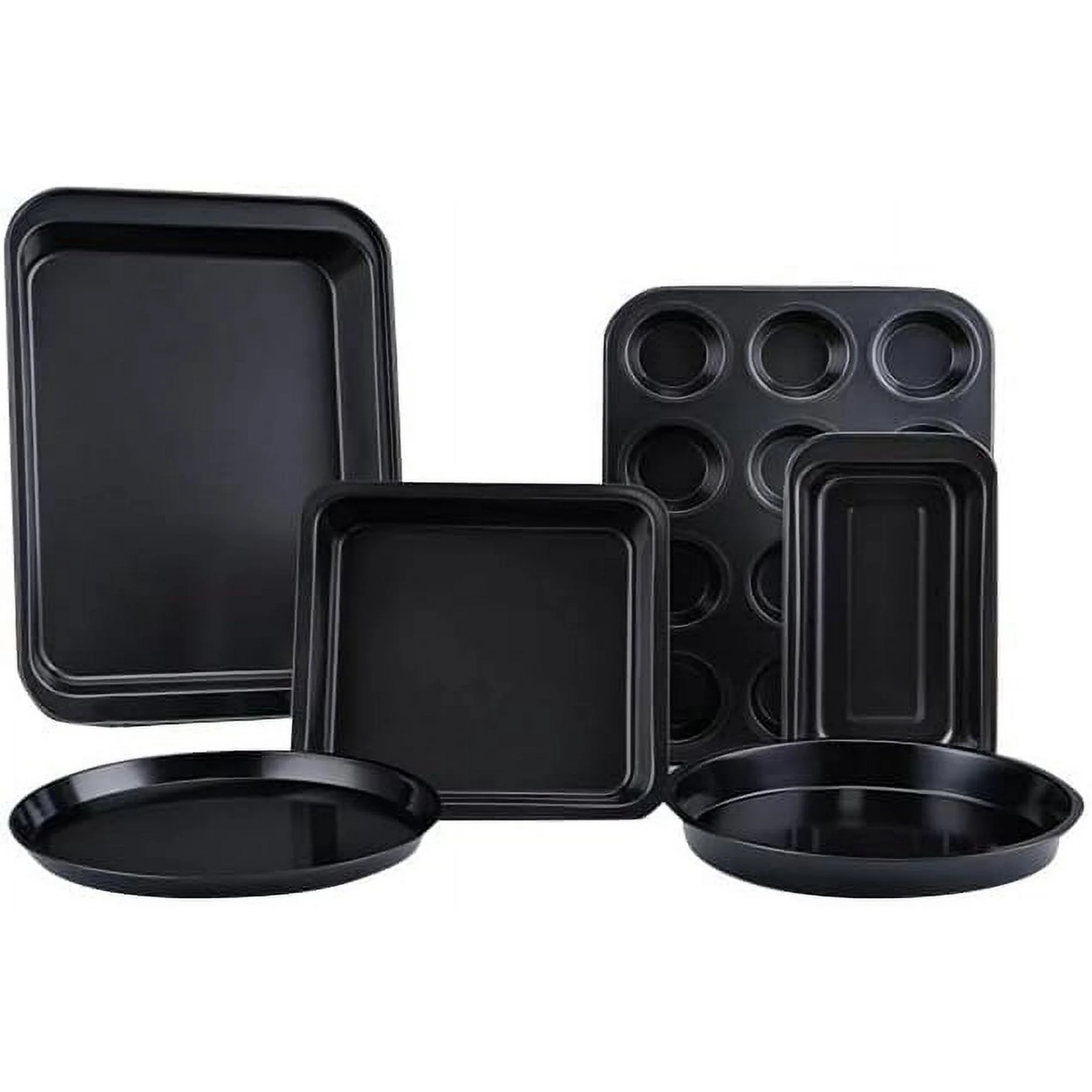 5-piece baking set includes a baking sheet, muffin pan, round cake pan, and pizza pan strong, long-lasting, and less prone to warping