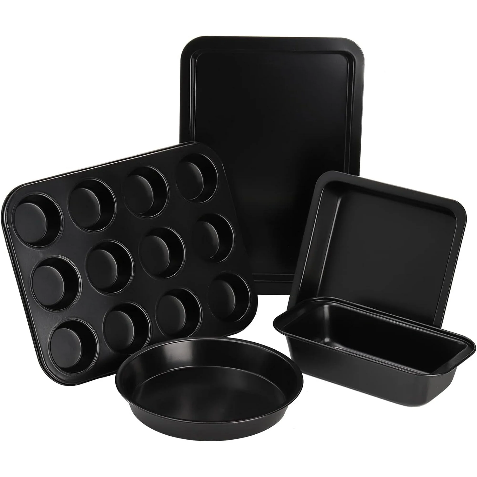 5 Pieces Baking Pans Set,Stackable Bakeware Set,Nonstick Baking Sheet Set for Oven,Complete Carbon Steel Bakeware Set,Dishwasher Safe,Balck