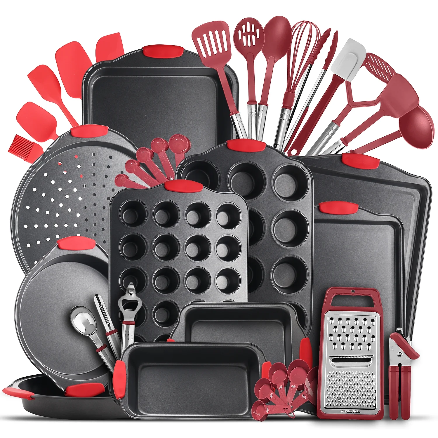 Nonstick Carbon Steel Bakeware Set, 39pc Black Baking Pan Set With Silicone Handles & Red Cooking Utensil Set