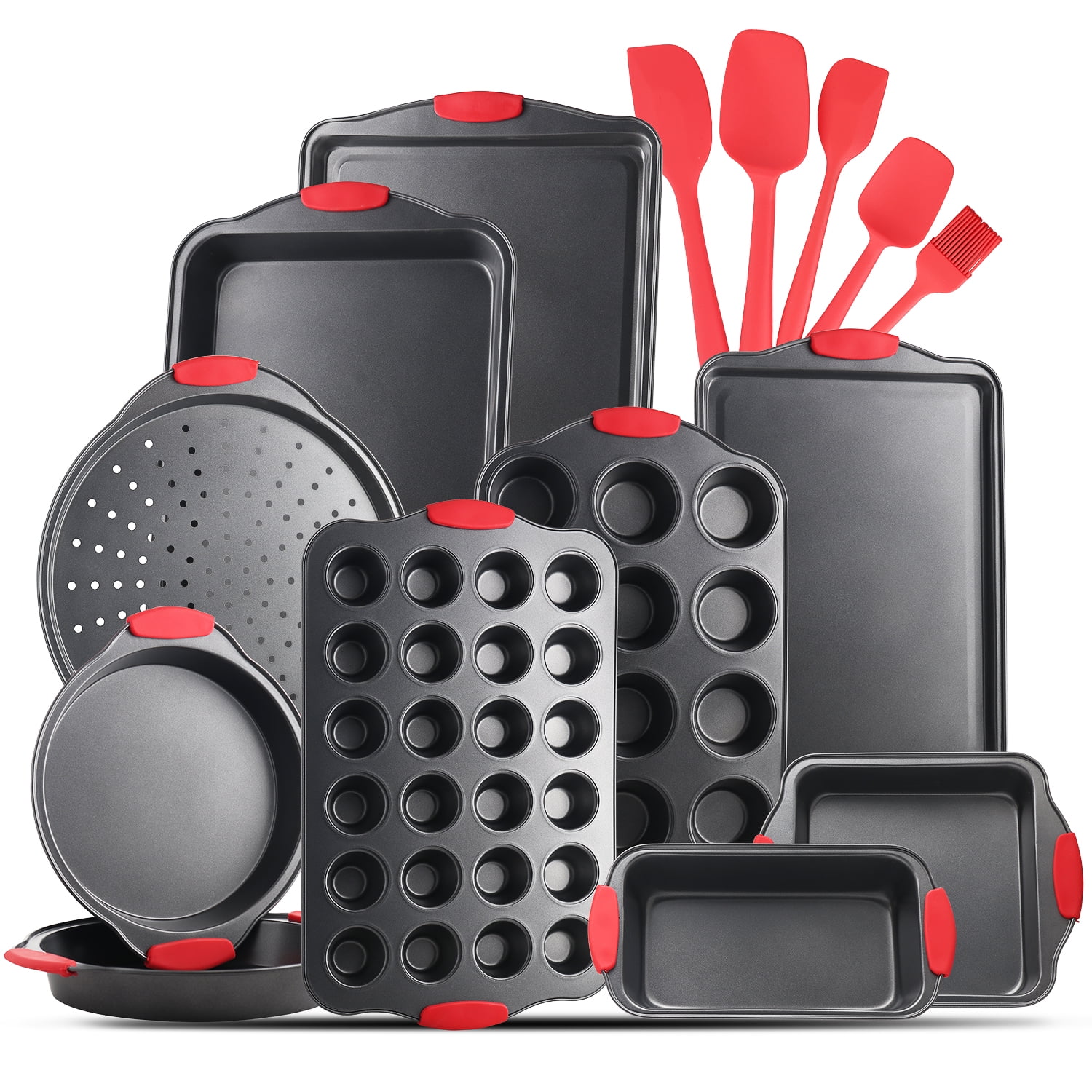 Nonstick Carbon Steel Bakeware Set, 39pc Black Baking Pan Set With Silicone Handles & Red Cooking Utensil Set
