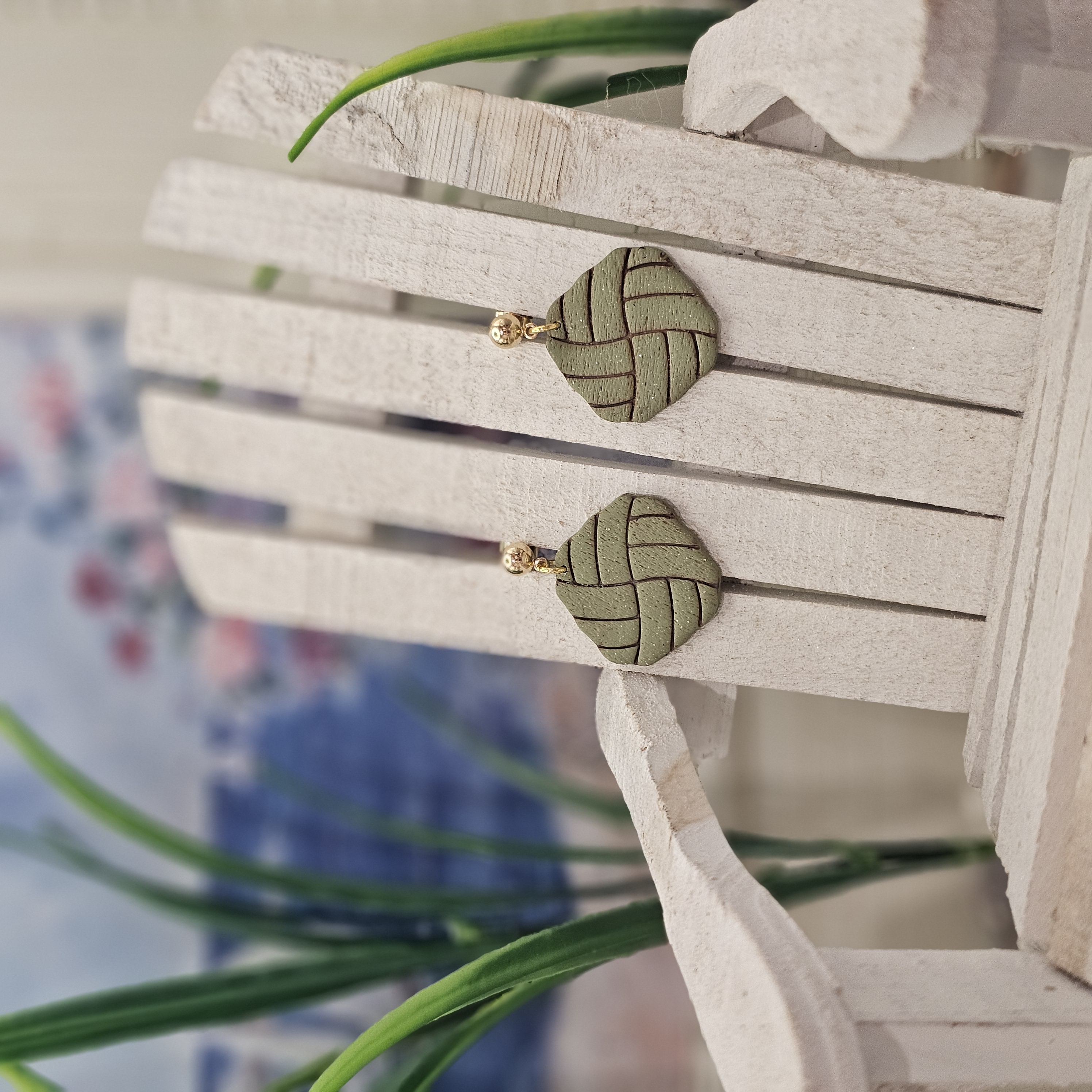 Handcrafted Olive Green Woven Earrings