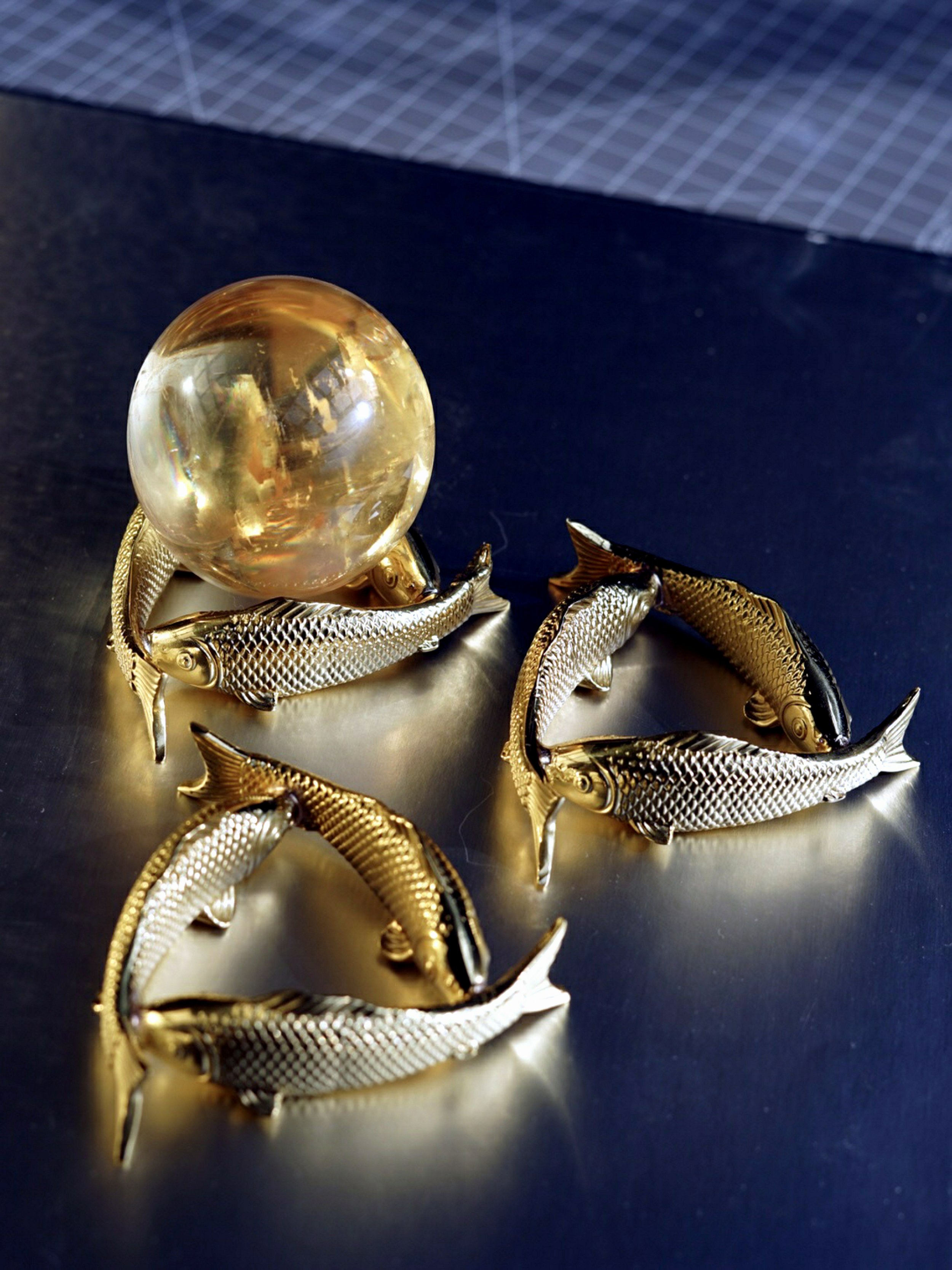 Fish Design Display for Home Decor Crystal Sphere & Rocks Geodes Display Holder  Exotic &  Elegant Design Brass Display