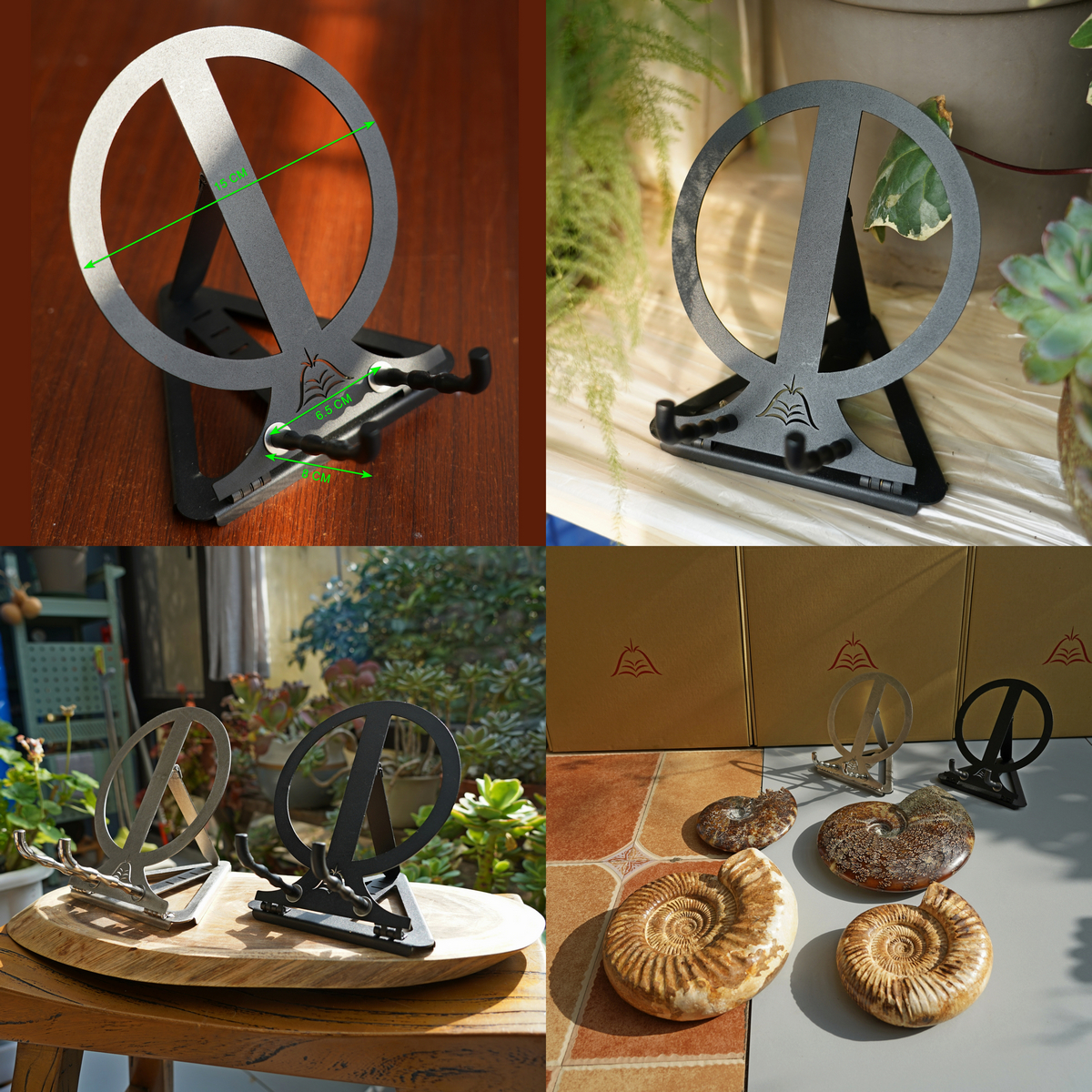 Display Stand For Fossil Ammonite Crystal Stones Slab Mineral Rocks Stainless Steel Black & Raw Silver Home Decor Office Decor