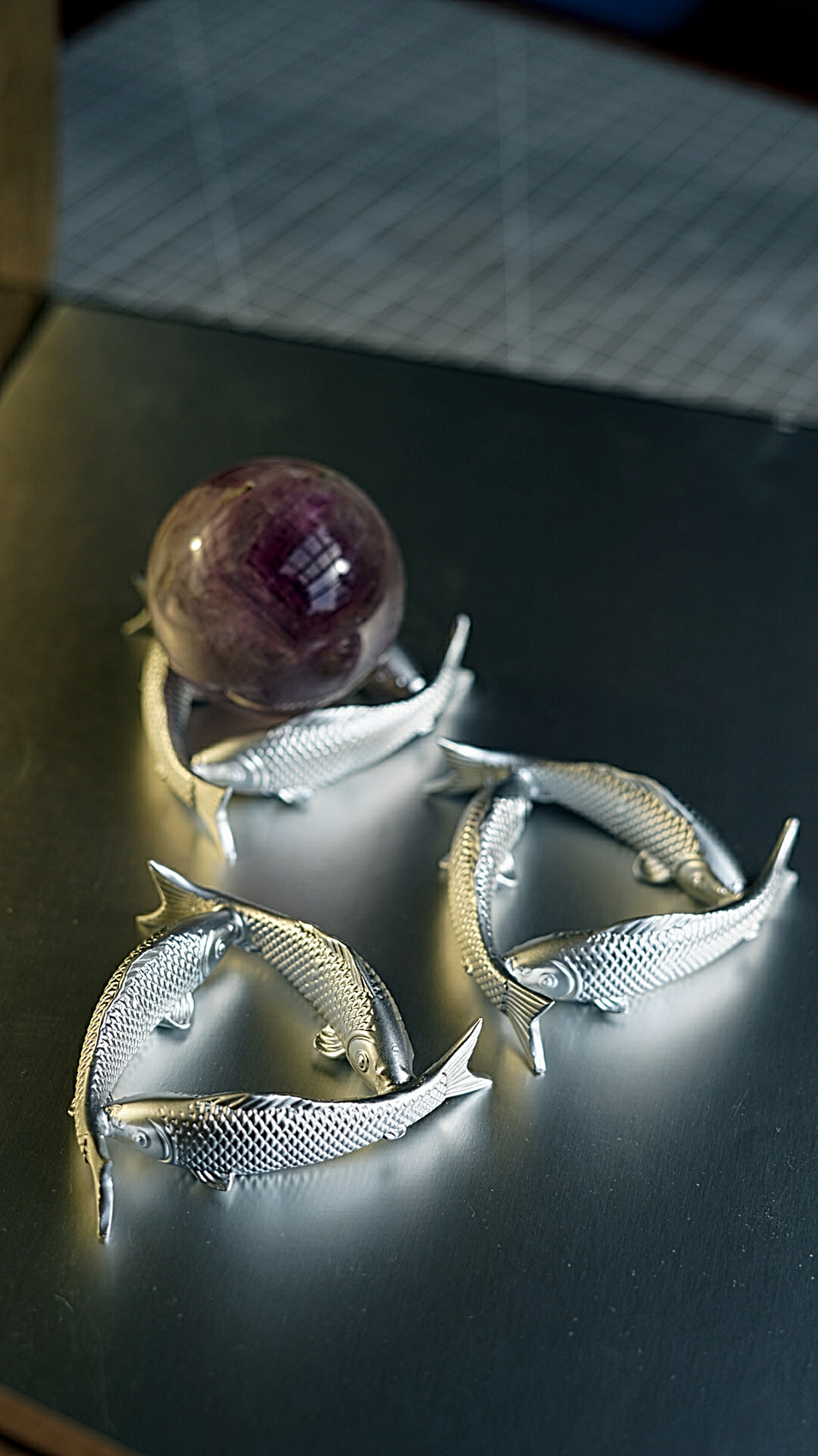 Fish Design Display for Home Decor Crystal Sphere & Rocks Geodes Display Holder  Exotic &  Elegant Design Brass Display