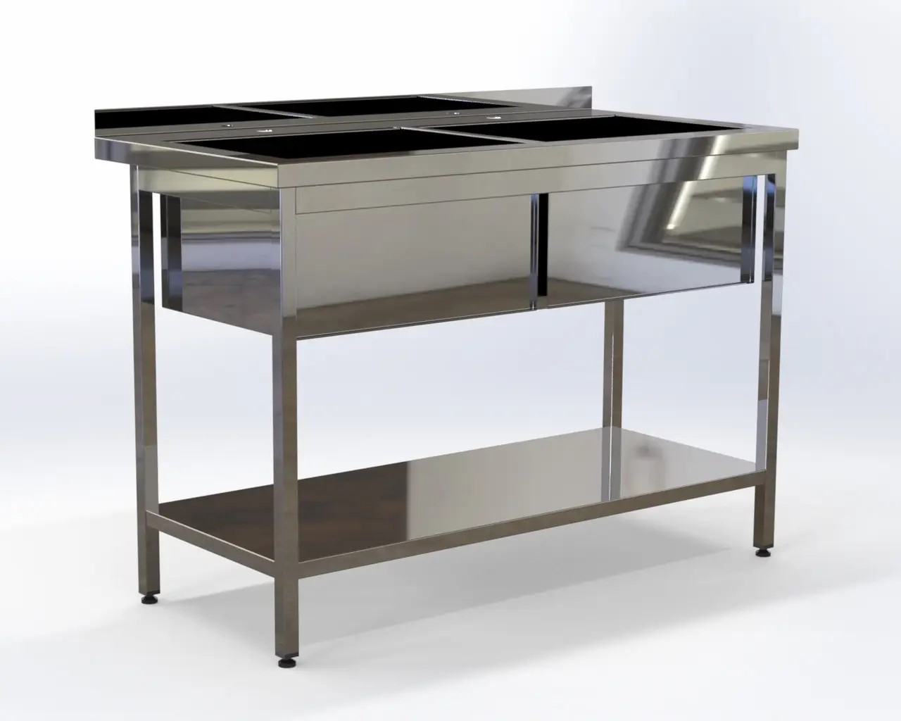 Przemysłowy zlew dwuczęściowy z płytą ścienną i półką